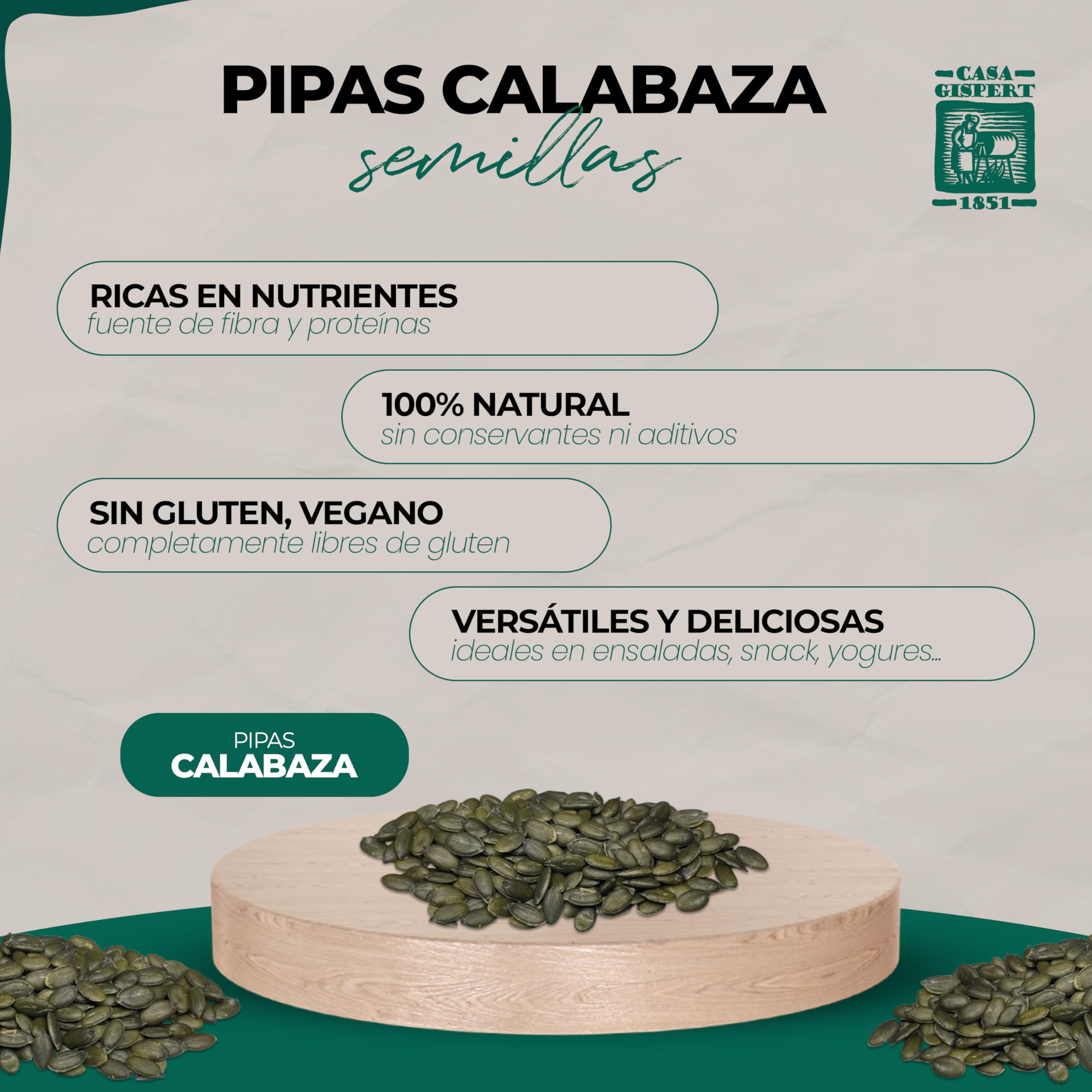 Casa Gispert - Pipas de Calabaza Peladas - Semillas de Calabaza - Sin Gluten, Vegano - 500gr