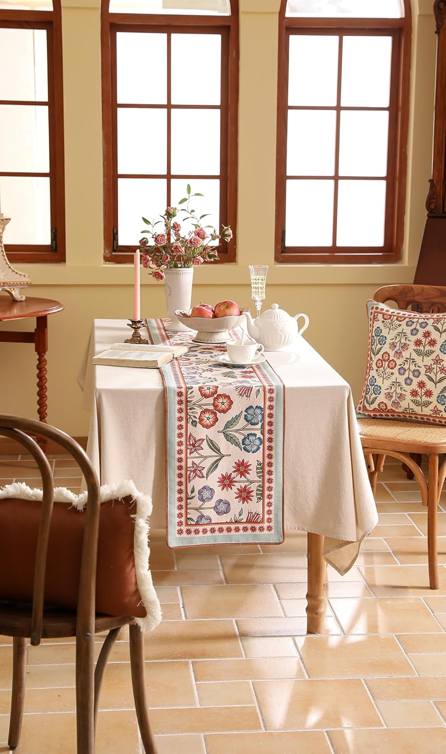 bilin gaier Floral Linen Long Table Runner,Wrinkle-Resistant Rustic Farmhouse Decor with Blue and Red Flower,Decorative Luxury Vintage Runner Table Cloth for Coffee & Dining Table,12"x87" - Lohi