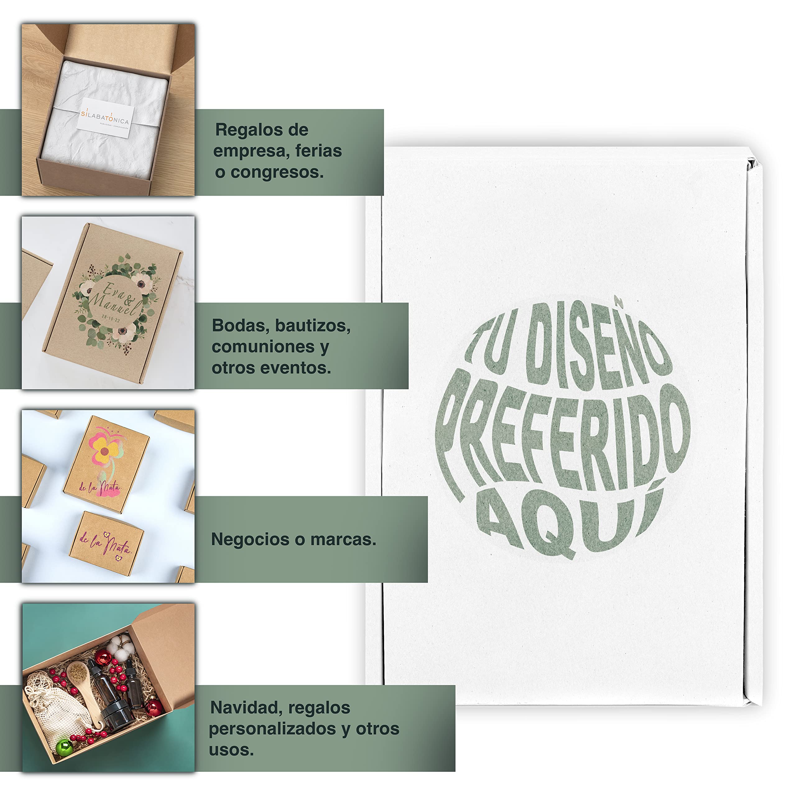 Pack 25 Cajas de Cartón Blanco Personalizadas – Logo o Frase en la Tapa - Fácil de Montar – La Mejor Forma de Enviar Productos o Presentar Regalos de Empresa, Navidad, Eventos, 16x15x8,5cm