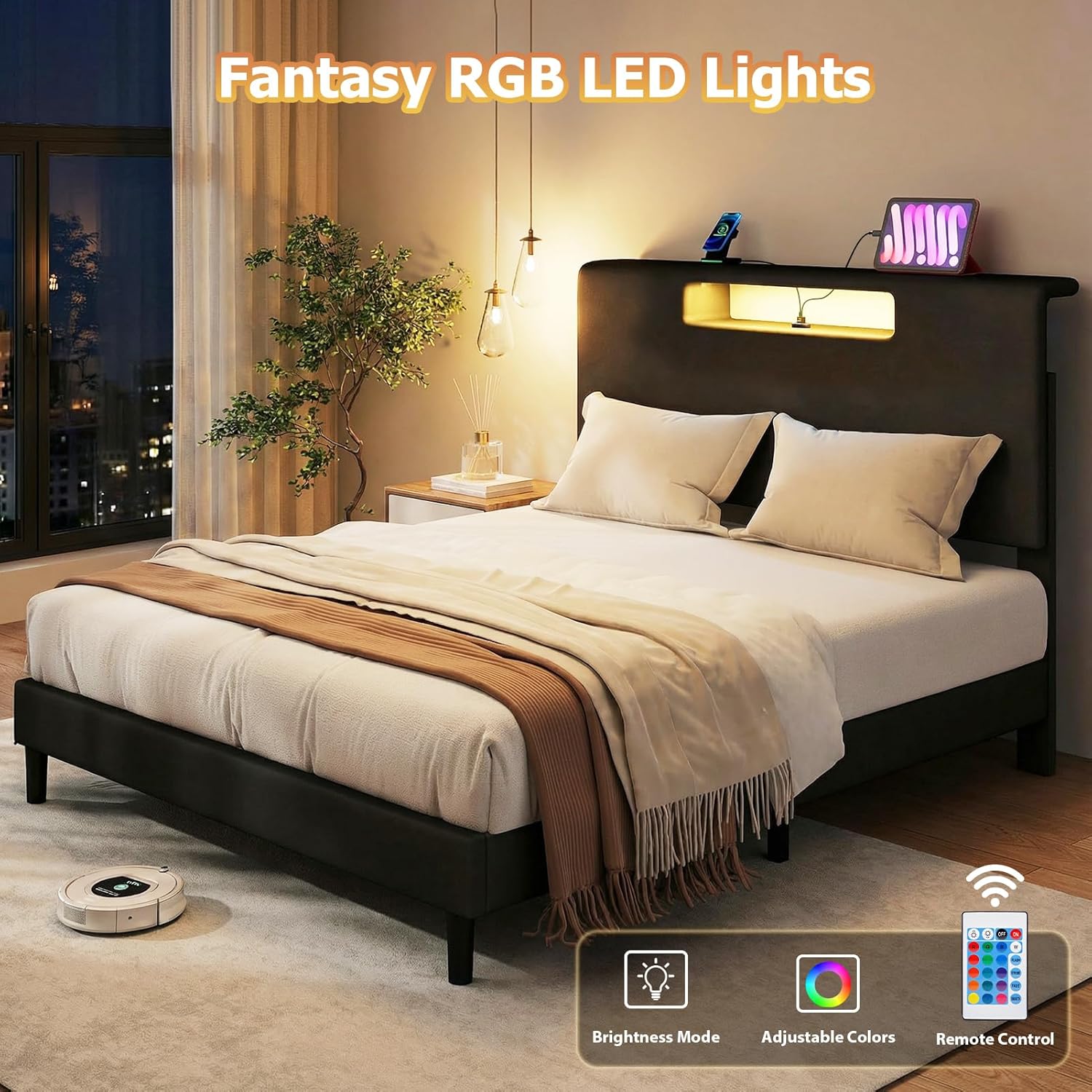 Upholstered Bed Frame with LED Lights and Charging Ports, Super Large Velvet Headboard, Low Noise Mattress Foundation with Thickened Wood Slats, No Box Spring Needed Bed(Black)