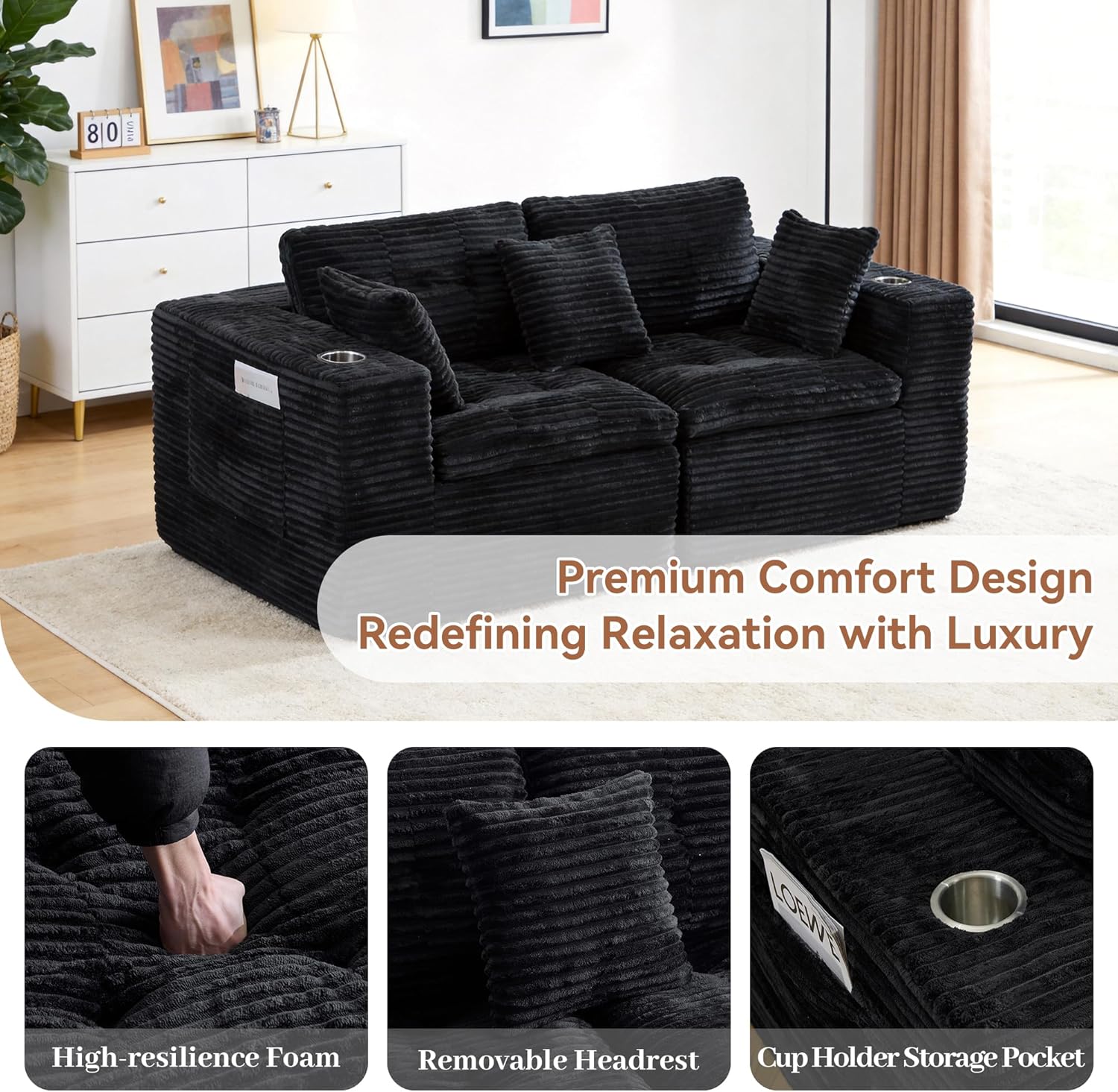 77.96" Corduroy Loveseat Couch, Modular Sectional Sofa, Cloud-Like Deep Seat 2-Seater Upholstered Sofa, No Assembly Required, Comfortable Space-Saving Furniture for Living Room, Black