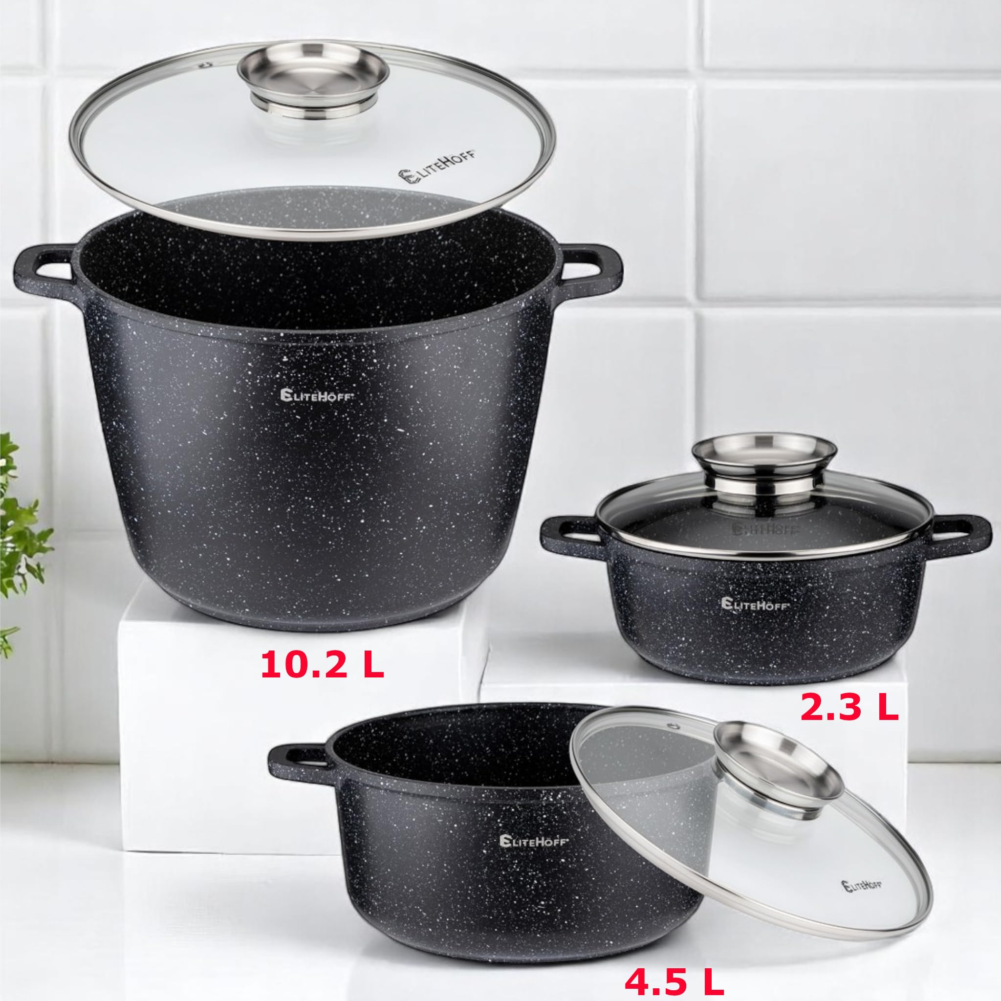EliteHoff Juego de ollas de inducción, 17 piezas, juego de ollas y sartenes con tapa, olla de aluminio, utensilios de cocina antiadherentes para todo tipo de cocinas, apto para lavavajillas y libre de
