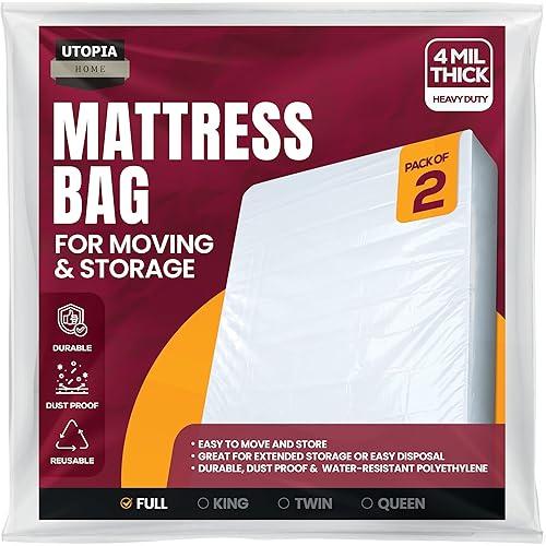 Utopia Home Full Size Mattress Cover for Moving (2 Pack), 4 Mil Heavy Duty Plastic Mattress Bag for Disposal, Mattress Encasement Fits Mattresses up to 14 Inches, Mattress Bags for Moving