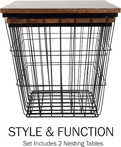 Miniatura 4 de Lavish Home Almacenamiento final  Base de cesta de alambre anidable y tapas de madera  Mesa auxiliar industrial estilo granja, juego de 2  Cuadrado,