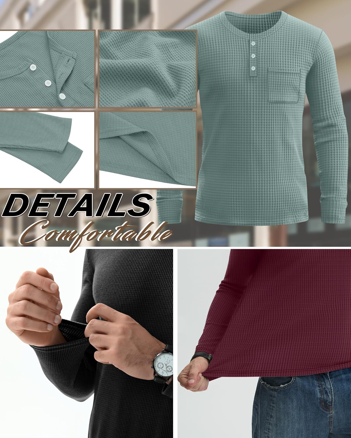 3 Pack Men's Waffle Henley Long Sleeve Thermal Shirts, Lightweight Casual Undershirts Pullover Tops with Pockets - Image 4