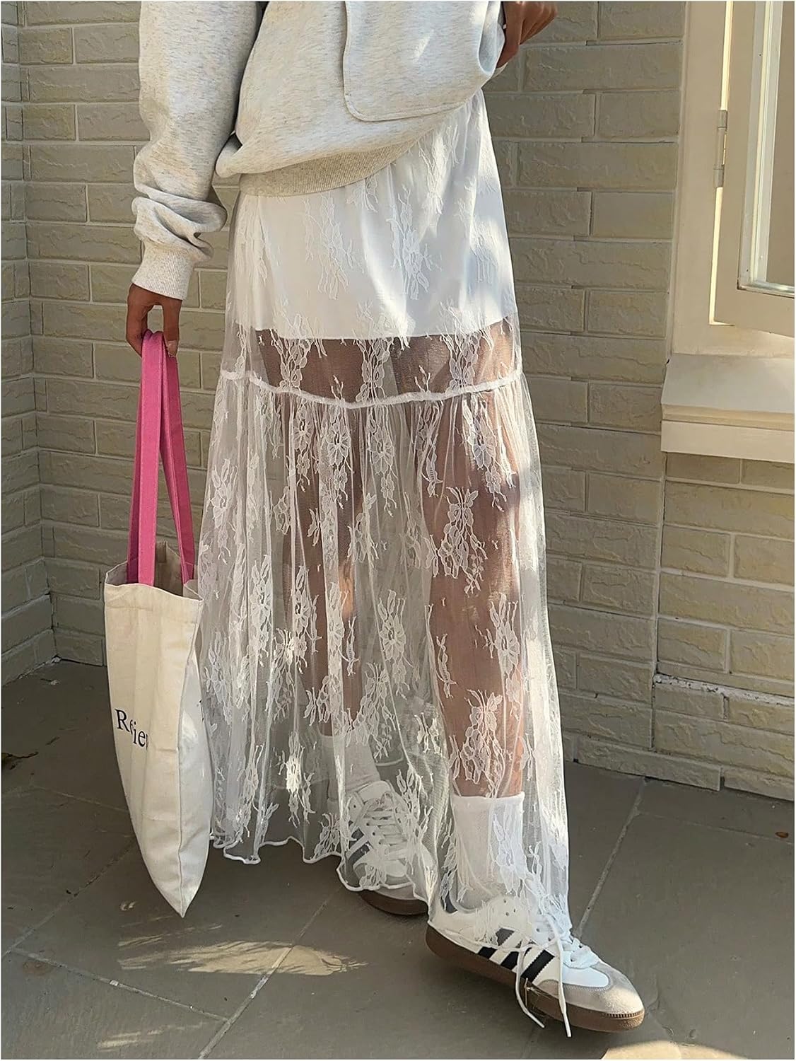 GORGLITTER Women's Lace Maxi Skirt Mesh Sheer Renaissance Fairy High Waisted Ruffle Hem Flowy A Line Long Pencil Skirt