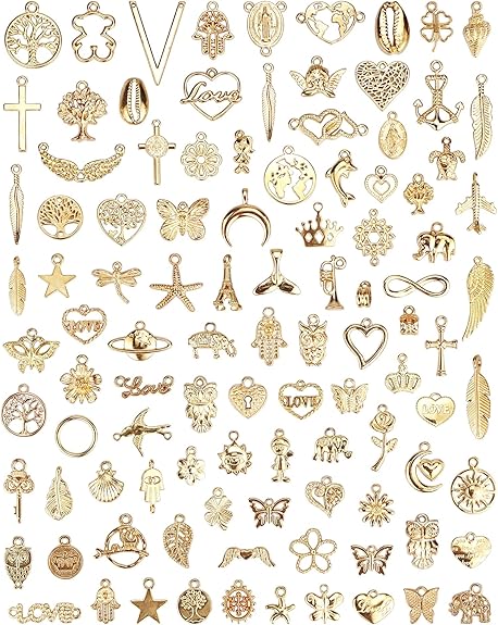 100 Pcs Wholesale Bulk Lots Jewelry Making Charms, Mixed Golden KC Gold Alloy Charms Pendants for Necklace Bracelet Jewelry Making and Crafting supplies