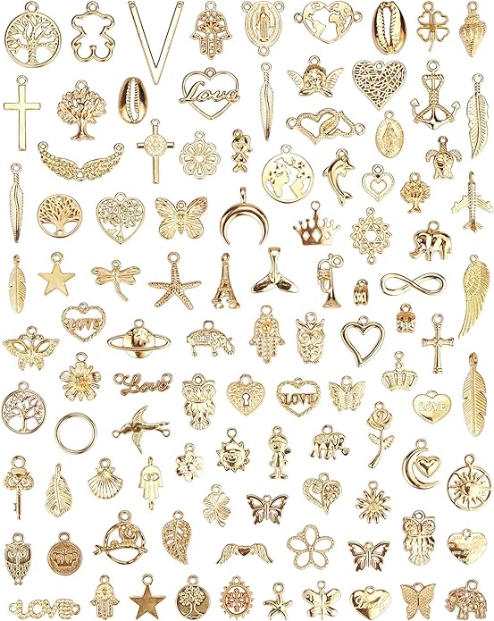 100 Pcs Wholesale Bulk Lots Jewelry Making Charms, Mixed Golden KC Gold Alloy Charms Pendants for Necklace Bracelet Jewelry Making and Crafting supplies