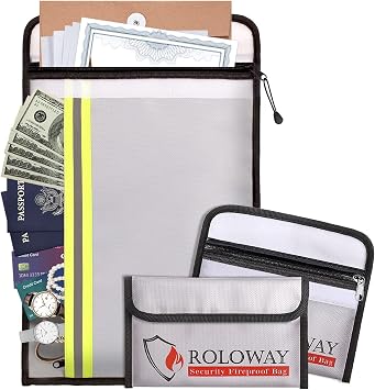 ROLOWAY Fireproof Document Bag Silver 15 x 11 inch with 2 Pockets, Reflective Strip and Fireproof Money Bags 5 x 8 inch with Waterproof Zipper 2-Pack Silver