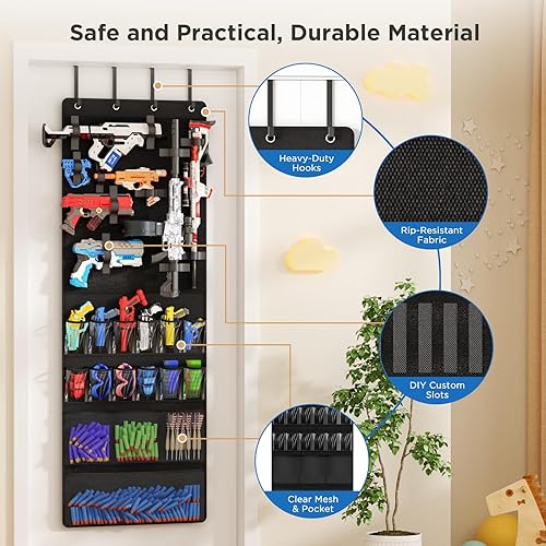 Miniatura 8 de Organizador sobre la puerta para pistolas de juguete, colgador de puerta de almacenamiento de juguetes con bolsillos y ranuras para niños,