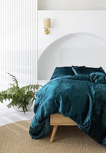 Sophia-Art 3 piezas de ropa de cama de terciopelo de rayón de lujo, funda de edredón de un solo color, funda de edredón (verde azulado, tamaño