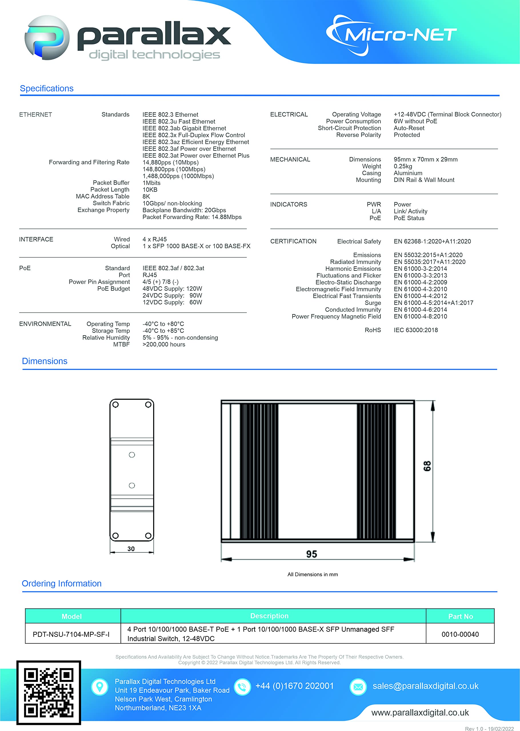 PDT-NSU-7104-MP-SF-I - 4 porte 10/100/1000 BASE-T Max PoE + 1 porta 10/100/1000 BASE-X SFP Unmanag...