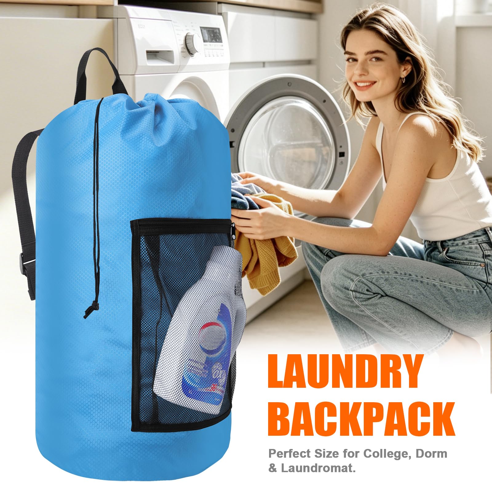 Bolsa de lavandería duradera con correas para los hombros y bolsillos de malla, bolsa portátil para ropa sucia para dormitorio universitario (azul)