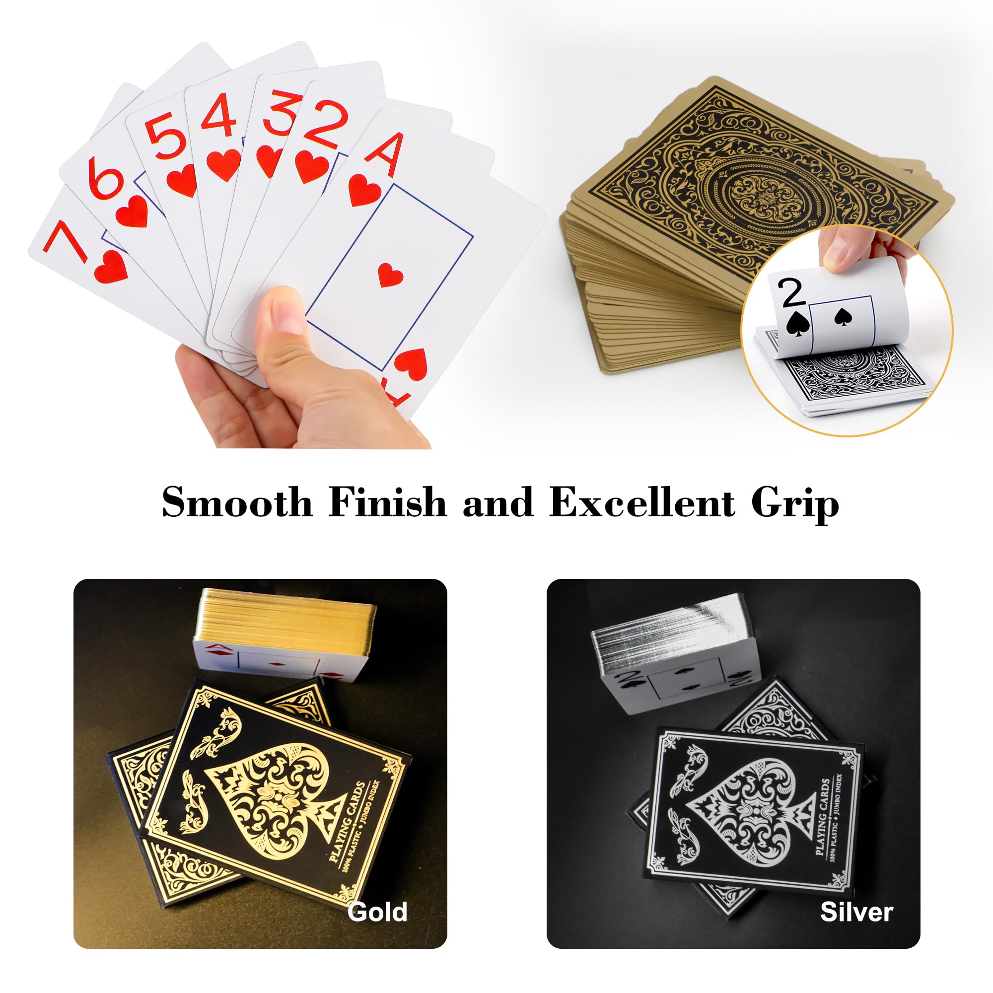 Etyishe Lot de 6 cartes à jouer en plastique imperméables pour adultes, lot de cartes de poker Jumbo Index
