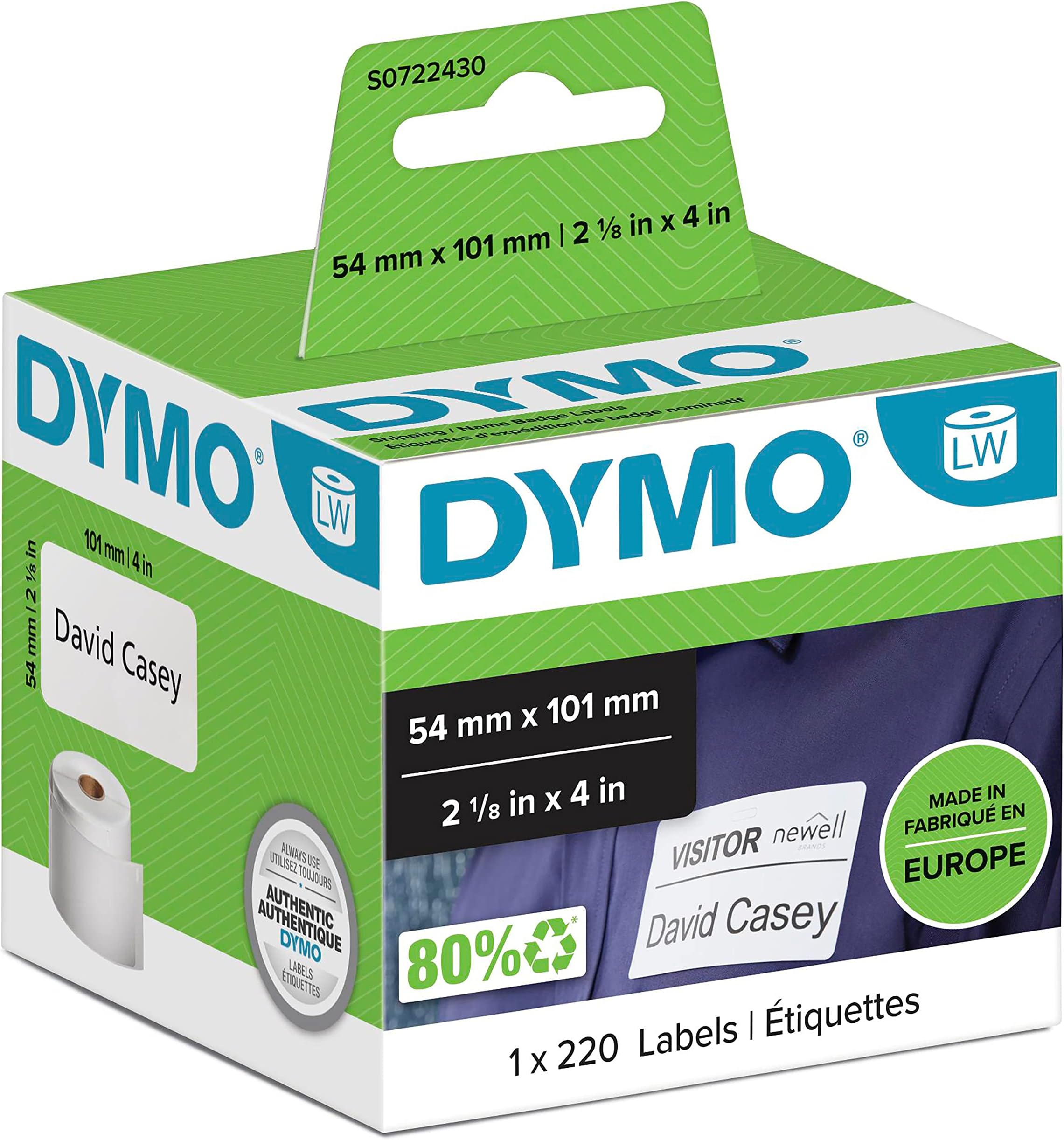 DYMO Authentic LabelWriter Large Shipping Labels/Name Badges | 54 mm x 101 mm | Self-Adhesive | Roll of 220 Easy-Peel Labels | for LabelWriter Label Makers | Made in Europe