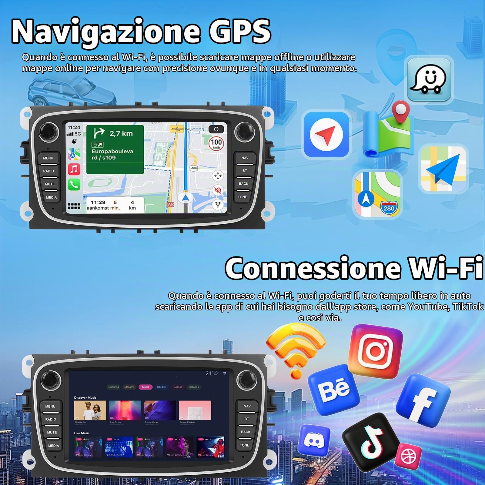 4GB+64GB Autoradio per Ford Focus II/S-MAX/MONDEO 9/GAL con Wireless Carplay, Audio Bluetooth Touchscreen da 7 Pollici con Navigazione GPS/Collegamento a Specchio/WIFI/EQ/RDS/HiFi + Telecamera