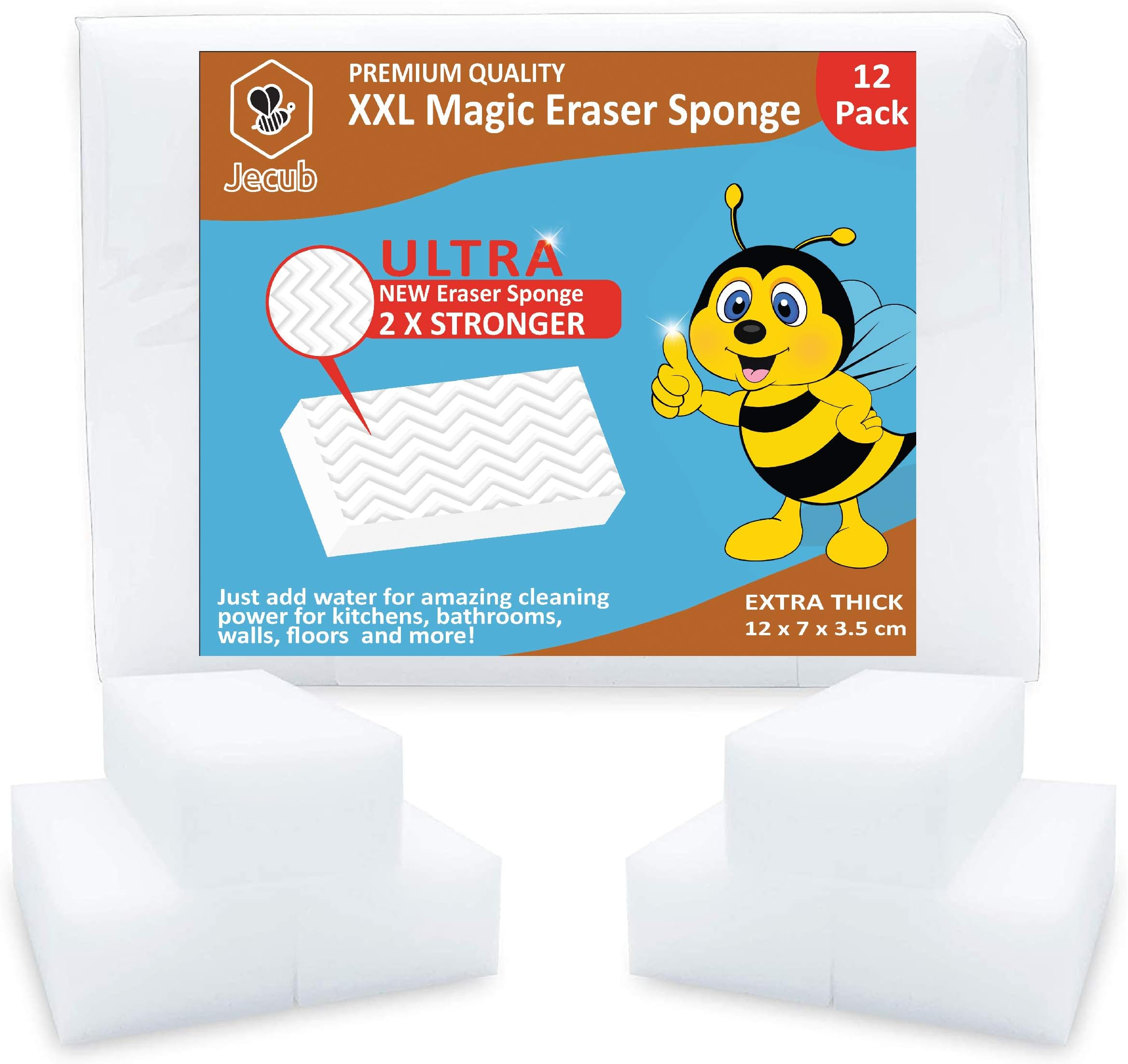 12 x JECUBโข Magic Eraser Sponge - Wipes Dirt, Stains & Marks from Most Household Surfaces. These Chemical Free Magic Cleaning Sponges are Great for Cleaning Kitchens, Bathrooms, Walls & Even Shoes.
