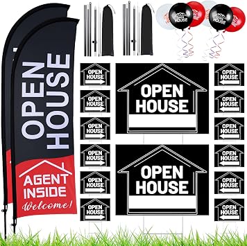 Buryeah 106 Pcs Real Estate Supplies - 2 Open House Flags with Pole Kits, 14 Double Sided Open House Directional Arrow Signs with Stakes and 90 Balloons for Real Estate AgentsBlack