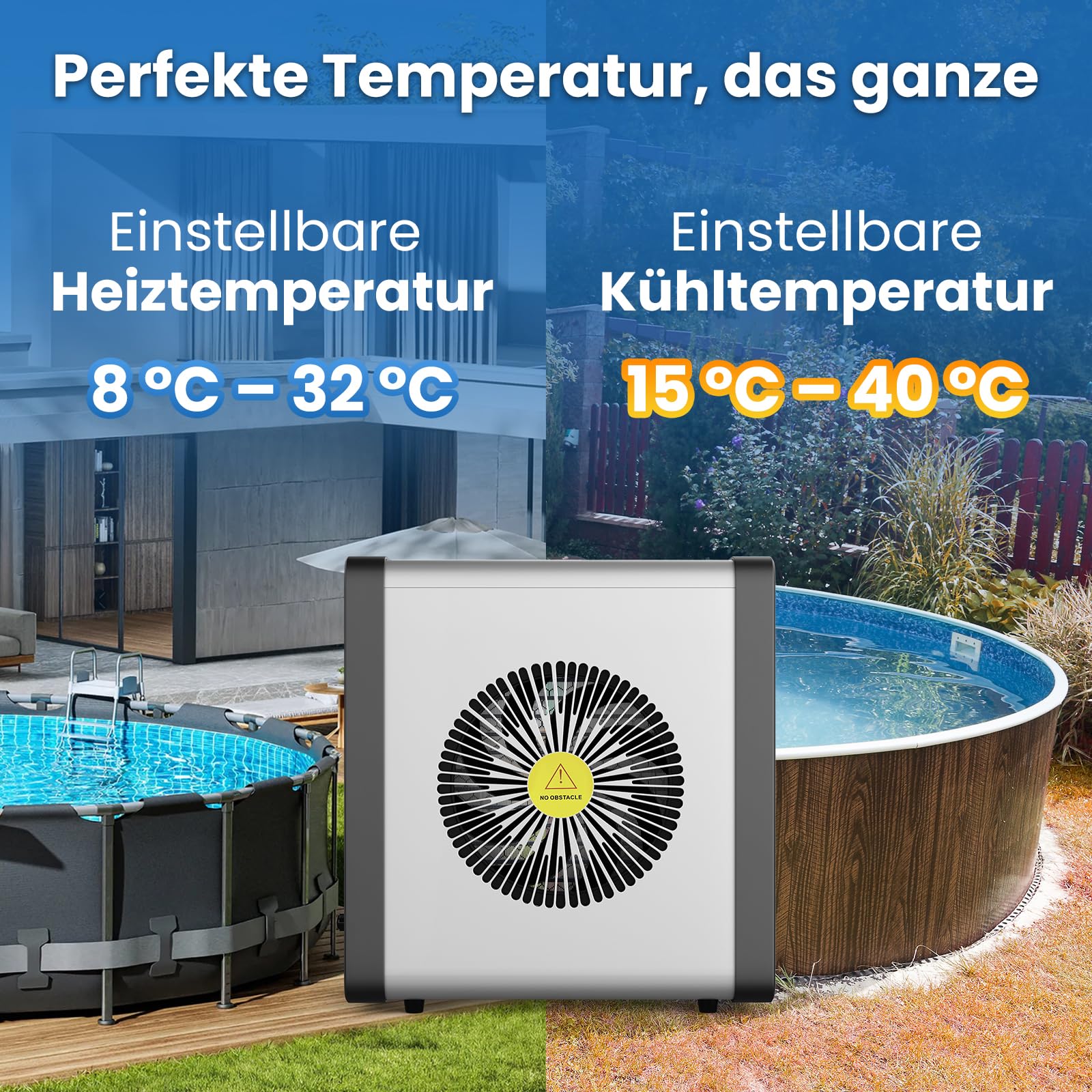 Mini-Wärmepumpe für Pools – 5 kW steckerfertig, leise (29–45 dB), COP 5,5, 220–240 V – Heizen & Kühlen für bis zu 20 m³ – verlängert die Badesaison um Monate