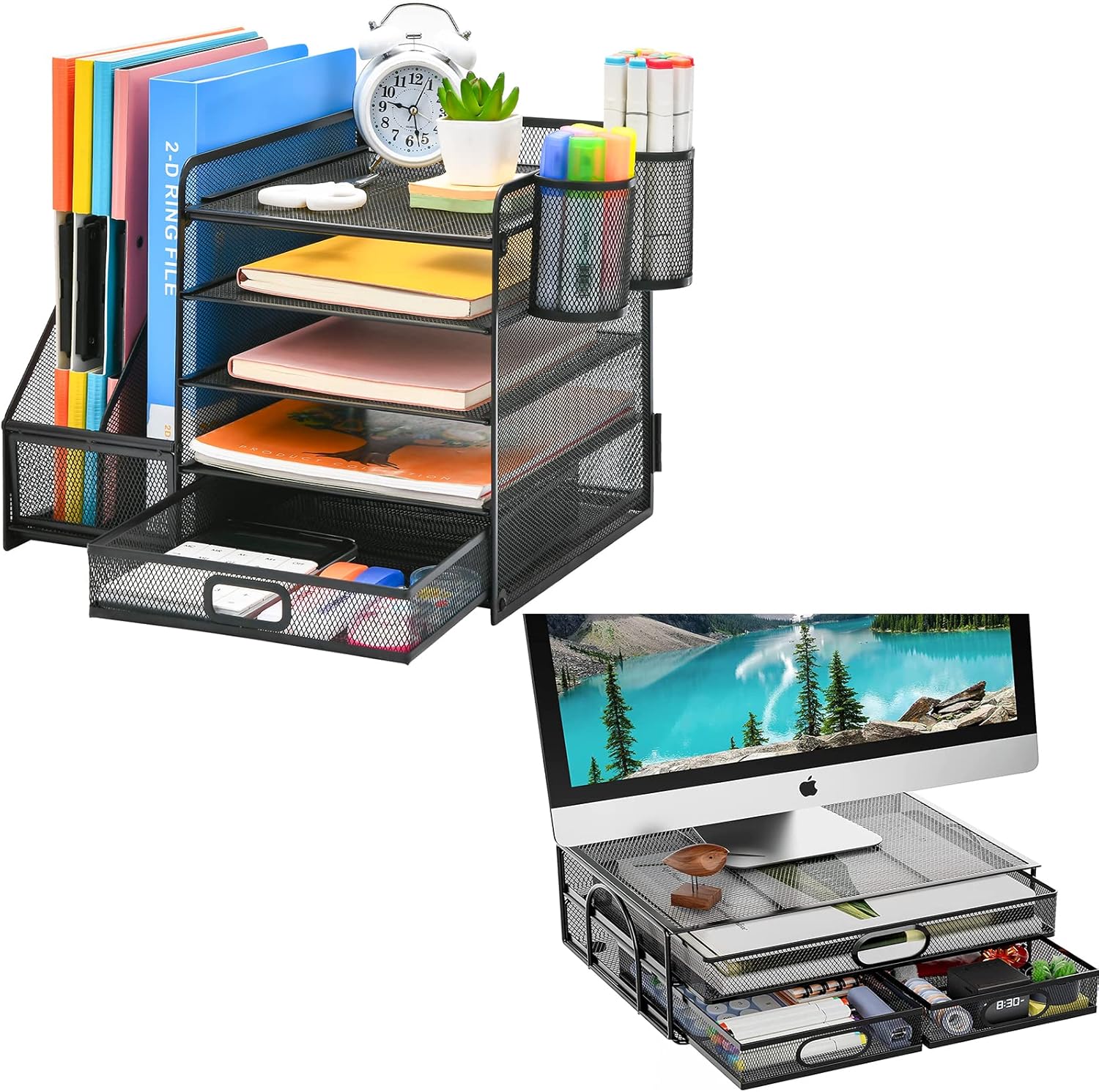 Marbrasse Desk Organizer with File Holder + Mesh Monitor Stand with Three Pull Out