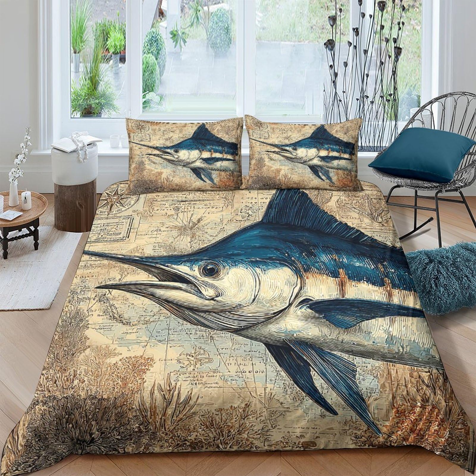 Ctjqhvkz Style-7 3D Printed Blue Marlin Fitted Sheet Microfiber Soft Breathable Ocean Fish Bed Cover For Bedroom Guest Room Decor Single（135X200cm）