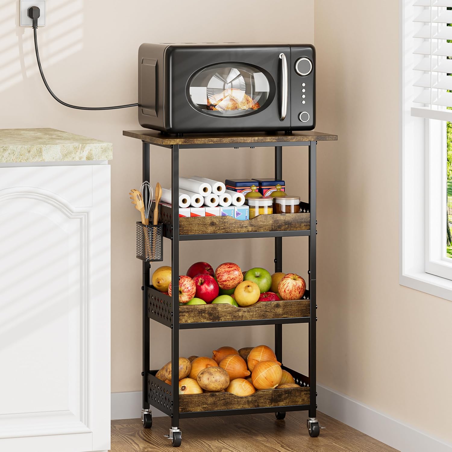 XYZLVSI Rolling Kitchen Microwave Cart, 4 Tier Microwave Table Stand with Fruit Baskets, Kitchen Storage Rack on Wheels, Small Coffee Bar Station Shelf Organizer for Pantry, Living Room Office