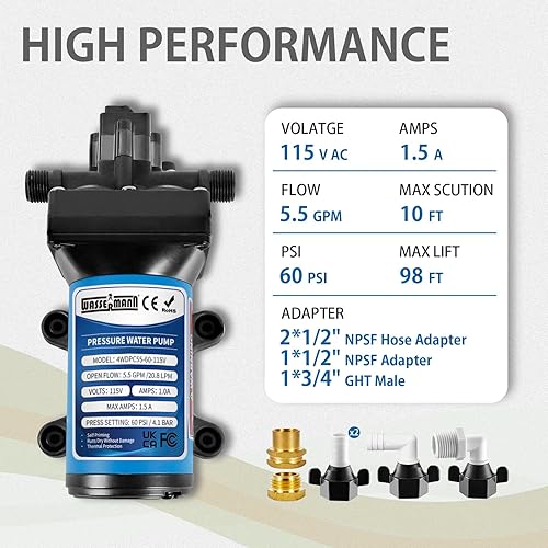 Miniatura 2 de WASSERMANN Bomba de presión de agua de 115 voltios CA 5.5GPM 60PSI, bomba de agua autocebante de diafragma con interruptor de presión para cocina,