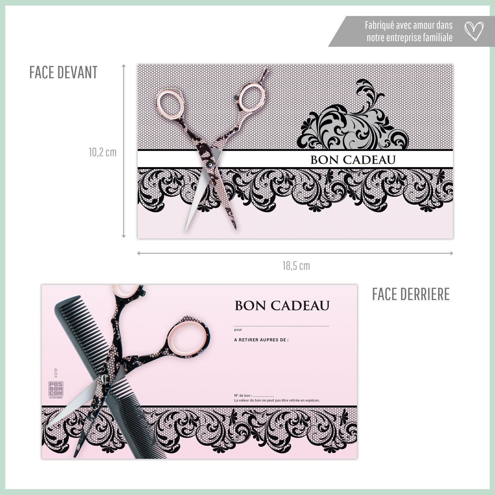 POS BON - 50 bons cadeaux à remplir avec enveloppe/nœud ruban - formulaires imprimés pour des salons de coiffure K1279F-2-50-V1