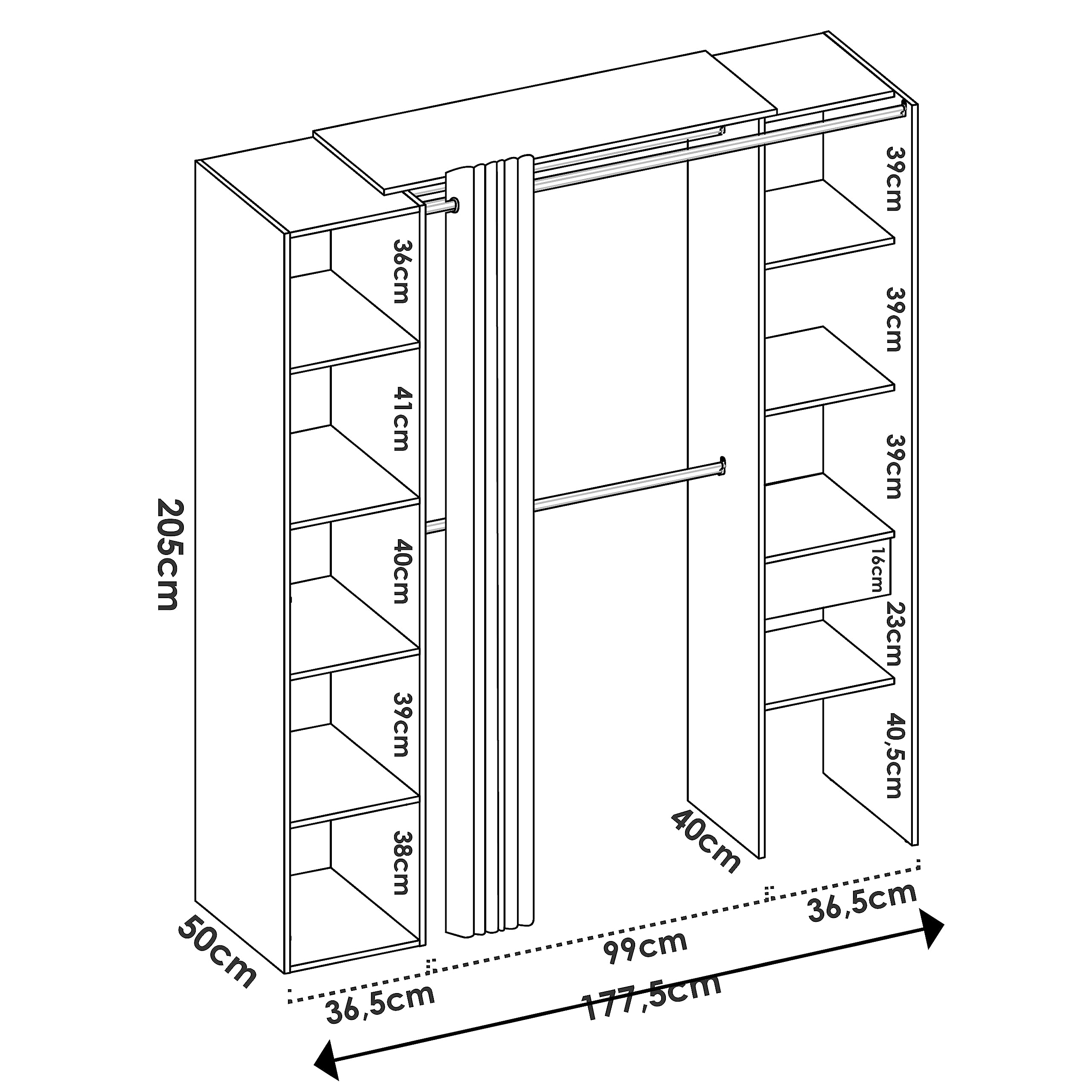 DEKIT Grupo RIMOBEL Suit - Armoire Dressing avec Miroir, tiroir et Rideau - Blanc - 205 x 176 x 50 cm