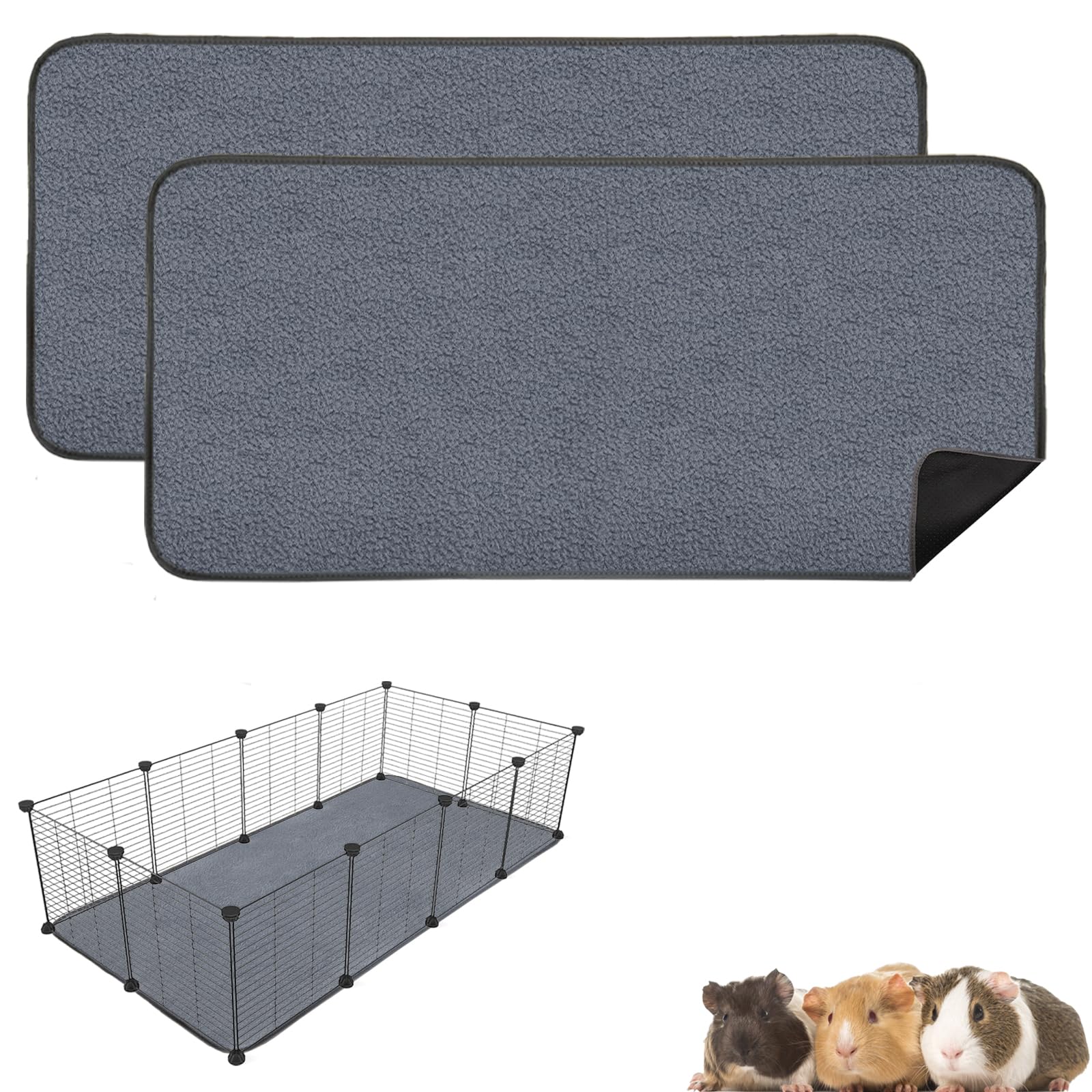 Mooydee Guinea Pig Fleece Cage Liners, Washable Reusable Leakproof Guinea Pig Bedding Super Absorbent Guinea Pig Pee Pads Anti Slip Mat for Small Animals Rabbit Hamster Rat - 2 Pack 48" x 24"