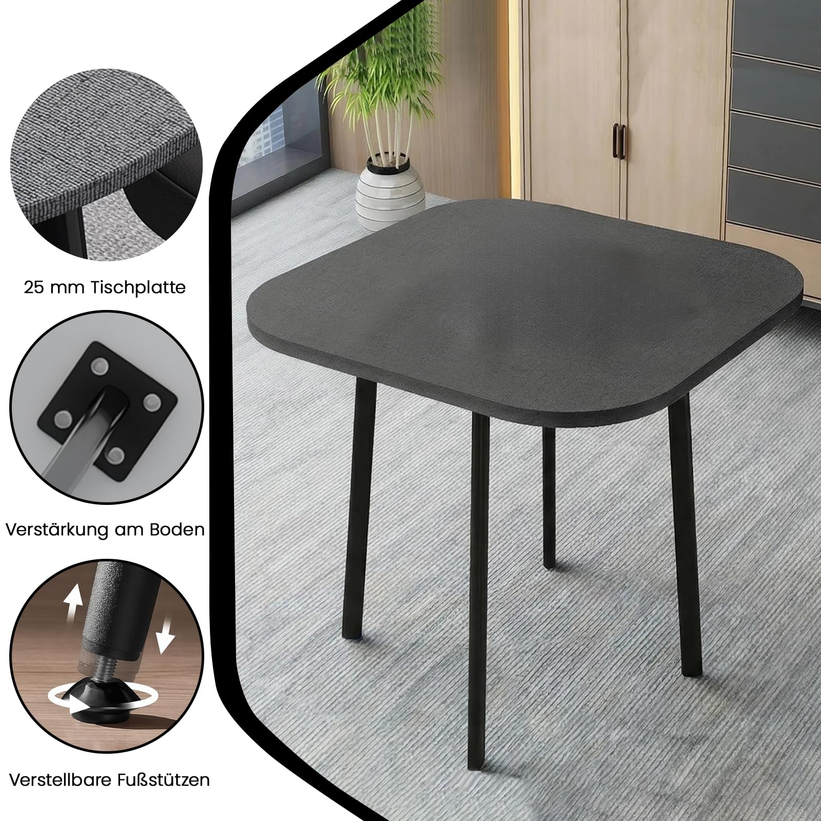Essgruppe 5-Teilig, 80cm Quadratischer Esstisch und 4 Esszimmerstühle, Küchentisch aus MDF und Gepolsterter Stuhl für Küche, Wohnzimmer, Balkon, Restaurant, Büro, Quadratisch + Grau