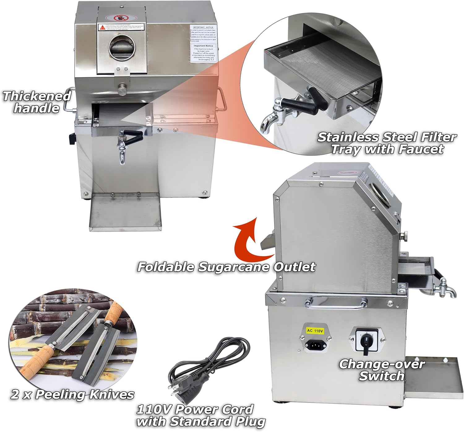 INTSUPERMAI Electric Sugar Cane Press Juicer Machine 110V Sugarcane Juice Extractor Commercial Sugarcane Juice with 3 Rollers for Sugar Cane Sweet Sorghum Juicing Extractor Pressing 660LB/H Capacity