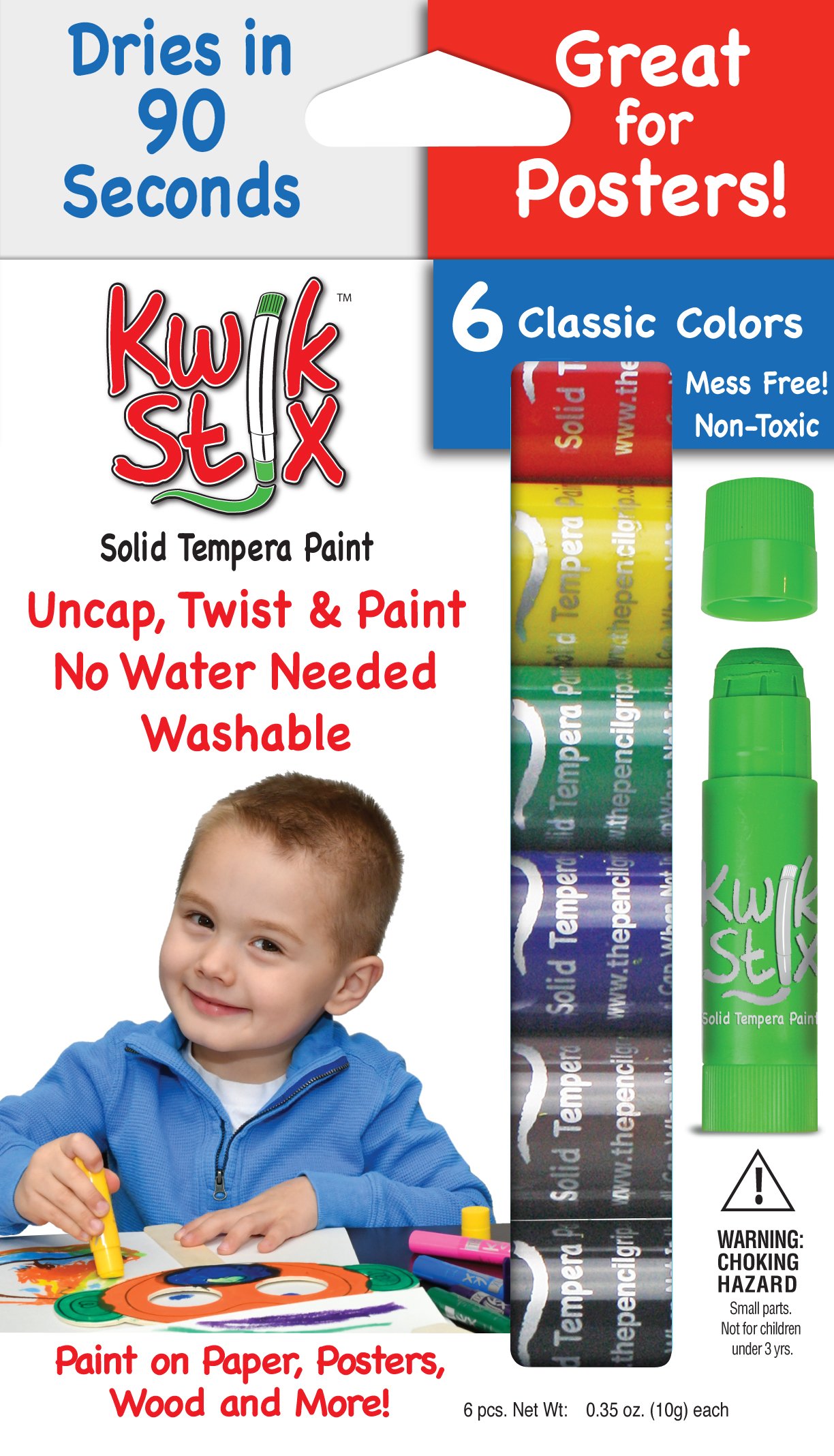 Kwik Stix Solid Tempera Paint Sticks, 6 Colors, Washable Paint Sticks for Kids, Super Quick Drying, Non-Toxic, Allergen Free, Paint Sticks in Classic Colors, Paint for Kids and Toddlers