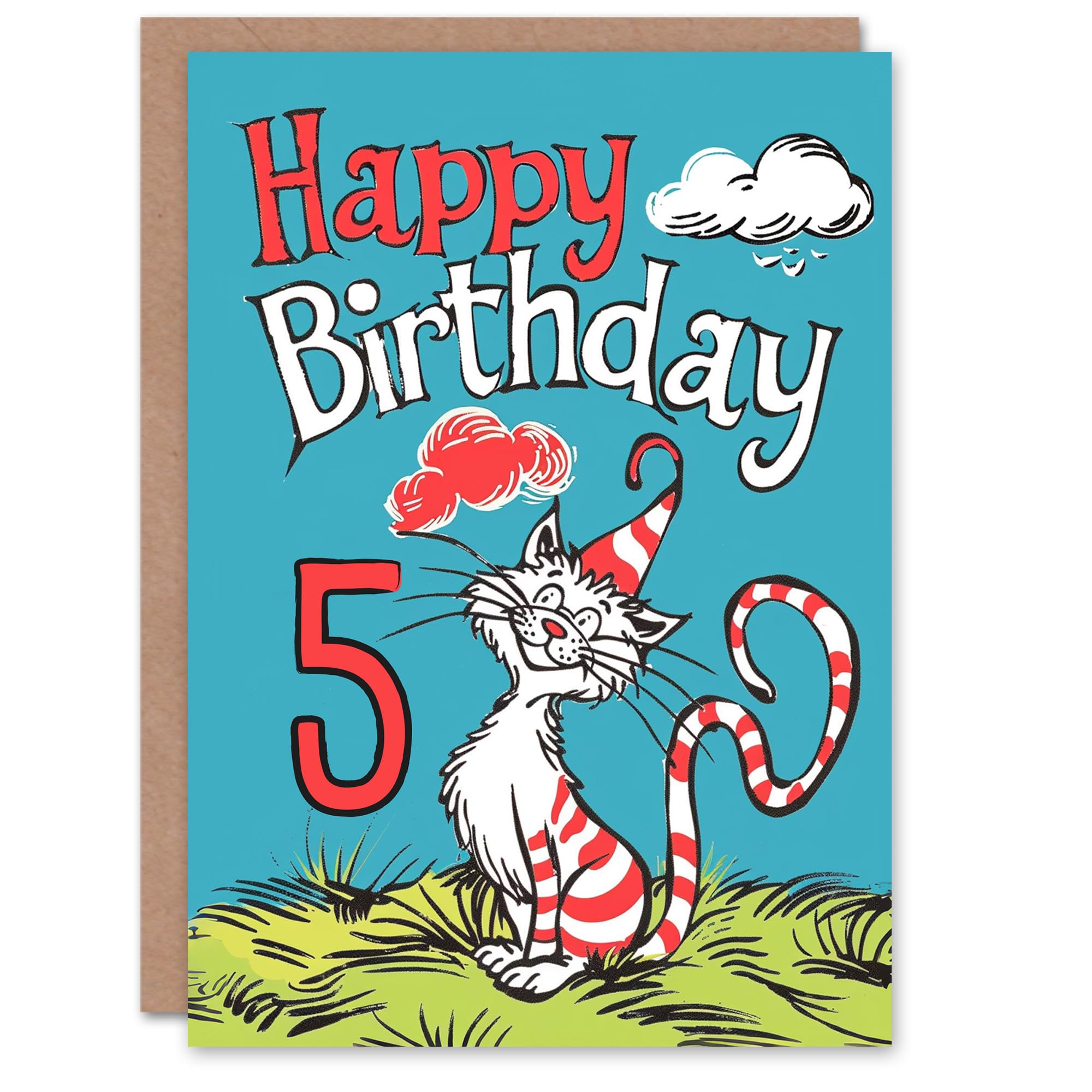 Artery8 Birthday Card Cat Lover Red Stripes Hat Kitty Strange Fun 5th 5 Year Old For Child Kids Son Daughter Greeting Card