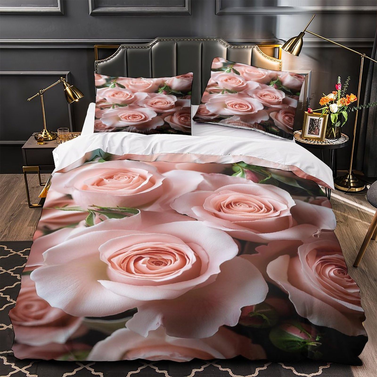 Housse de couette roses roses 3D 260x220 cm avec taies d'oreiller