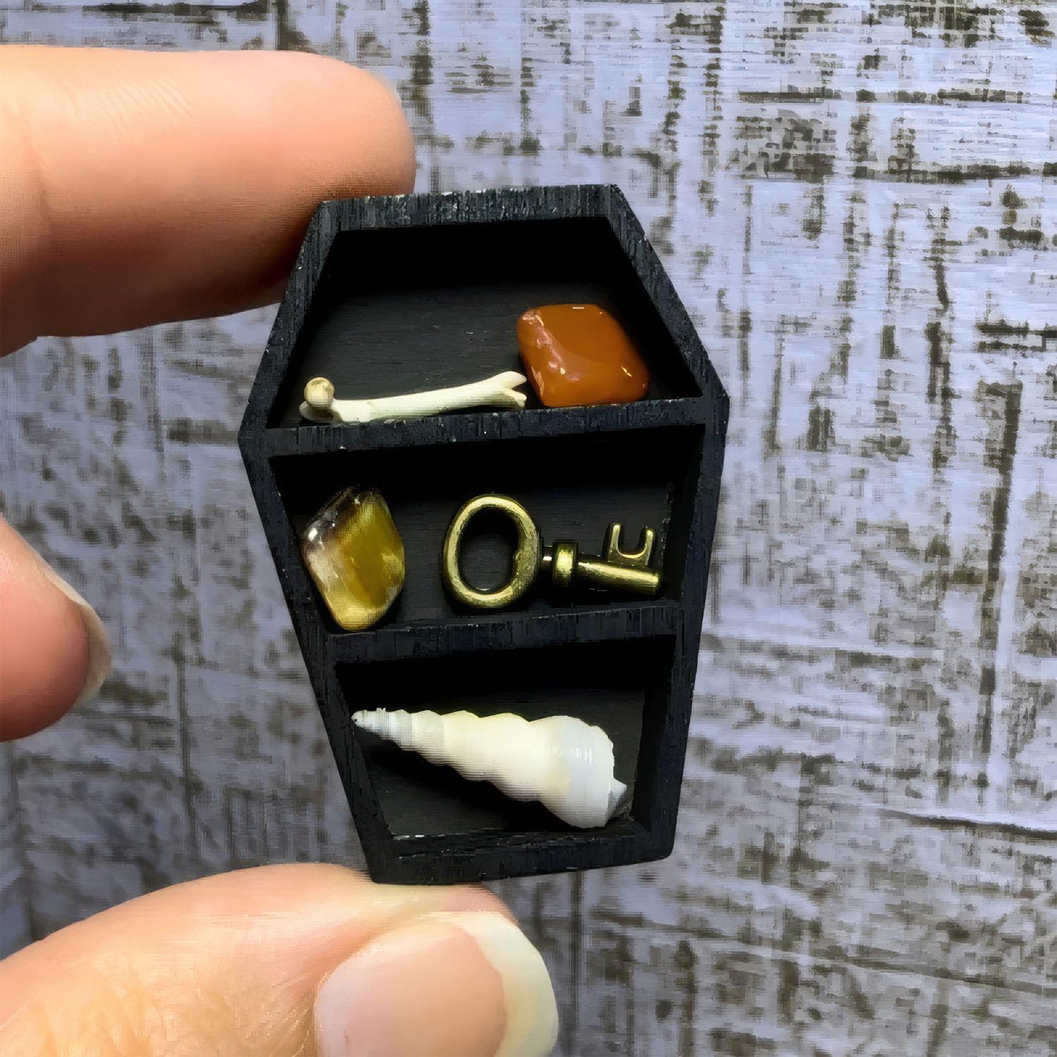 Miniature Black Coffin Shelf: Wooden Trinket Display for Crystals, Gothic Decor, Halloween Miniatures, Dollhouse Accessory (Adult Collector) image 3