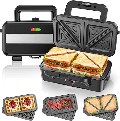 Miniatura 1 de Sandwichera de 1200 W, waflera 3 en 1 con control de temperatura de 5 engranajes y placas extraíbles, prensa Panini con placas antiadherentes,