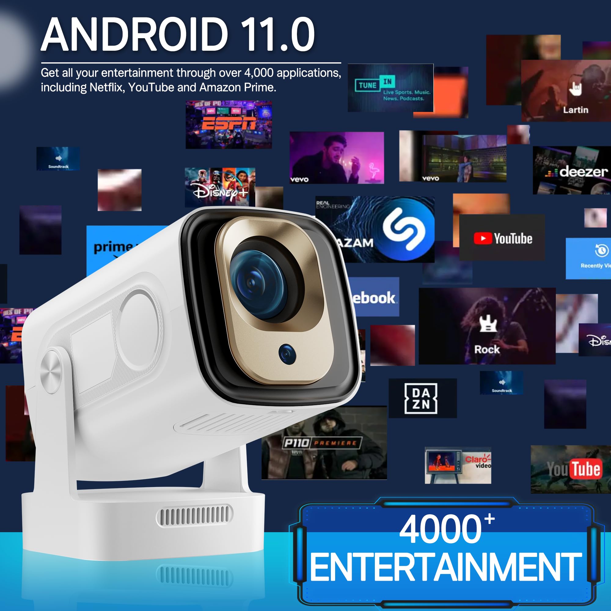 Mini proiettore 1080P video portatile 4K WiFi 6 Android 11 per telefono/PC/laptop/chiavetta, HDMI Home Theater rotazione di 180°