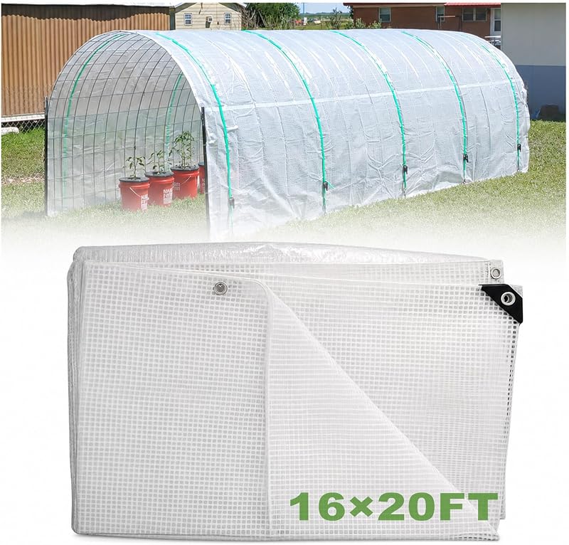 Cubierta de plástico para invernadero de 16 mil, lona transparente de 16 x 20 pies, resistente al agua | Lonas de invernadero resistentes a los rayos UV con ojales, láminas de plástico PE reforzado para jardín al aire libre, granja, vivero, gallinero