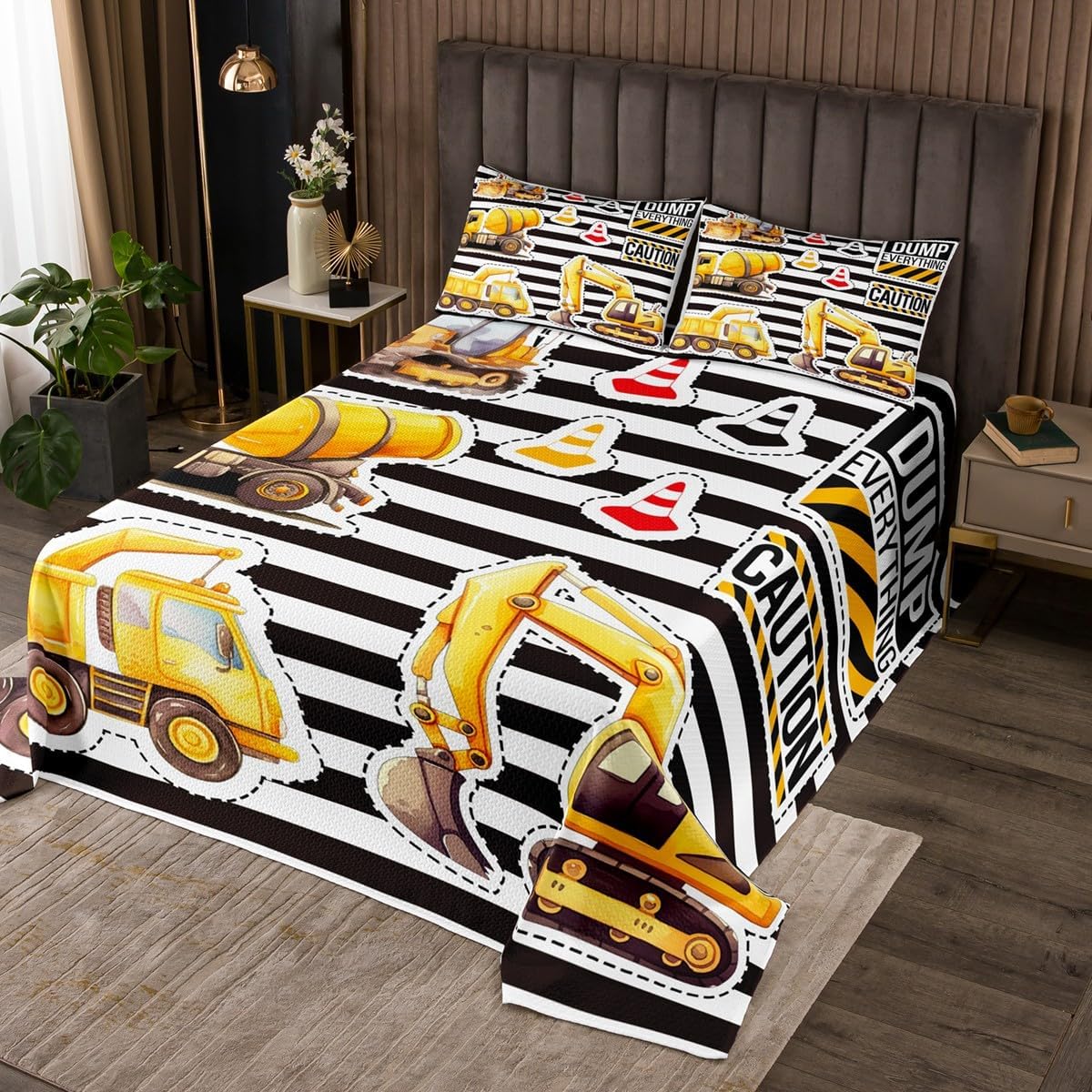 Erosebridal Big Crane Quilted Transporter Construction Yellow, Cartoon Transport Trucks Bedspreads for Kids Boys Girls Teenager Child Dump Everthing Bedding Set Vehicles, King Size Coverlet Set