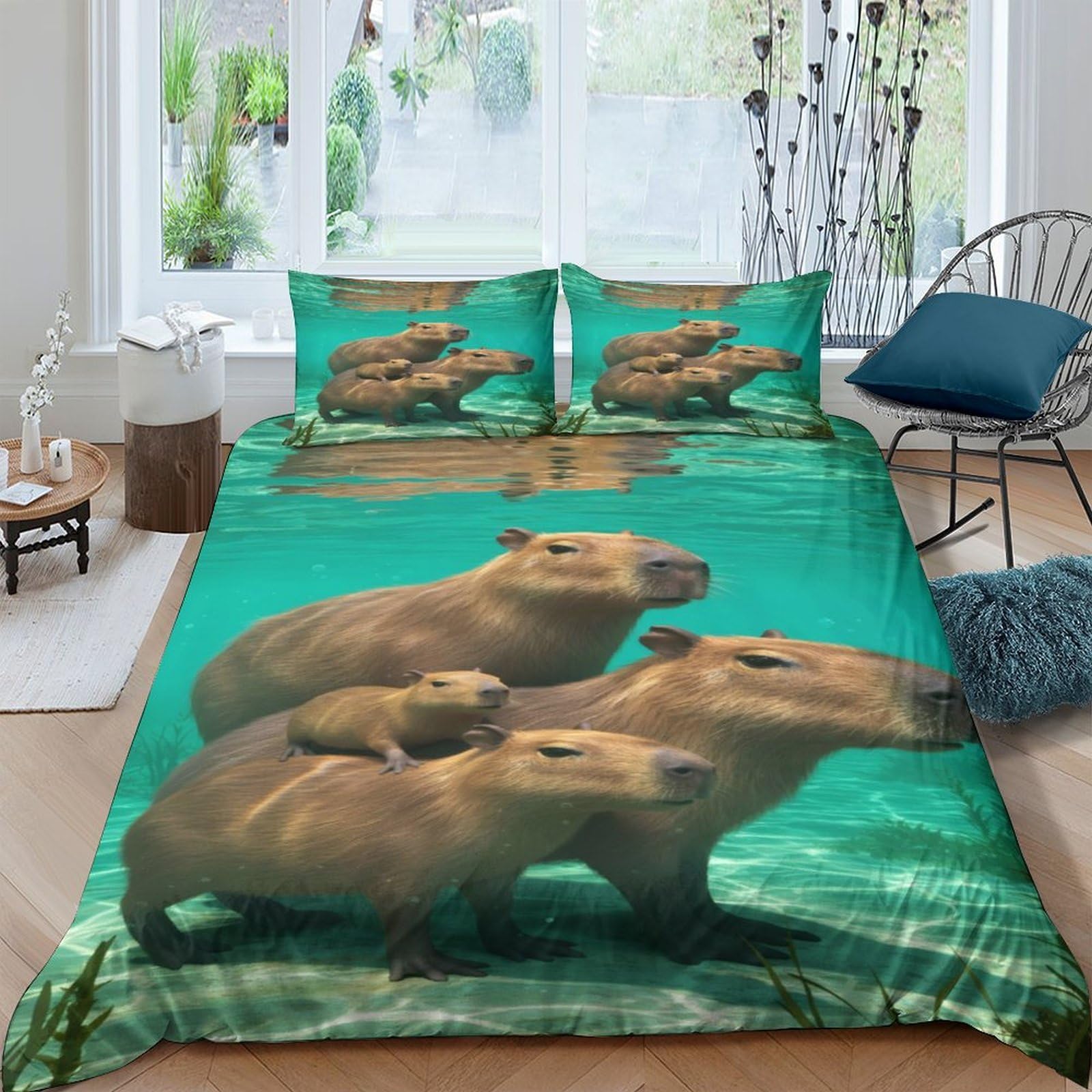 Ctjqhvkz Style-3 3D Printed Capybara Family Fitted Sheet Microfiber Water Habitat Bed Cover For Bedroom Guest Room Dorm Mattress Protection Decor Single（135X200cm）