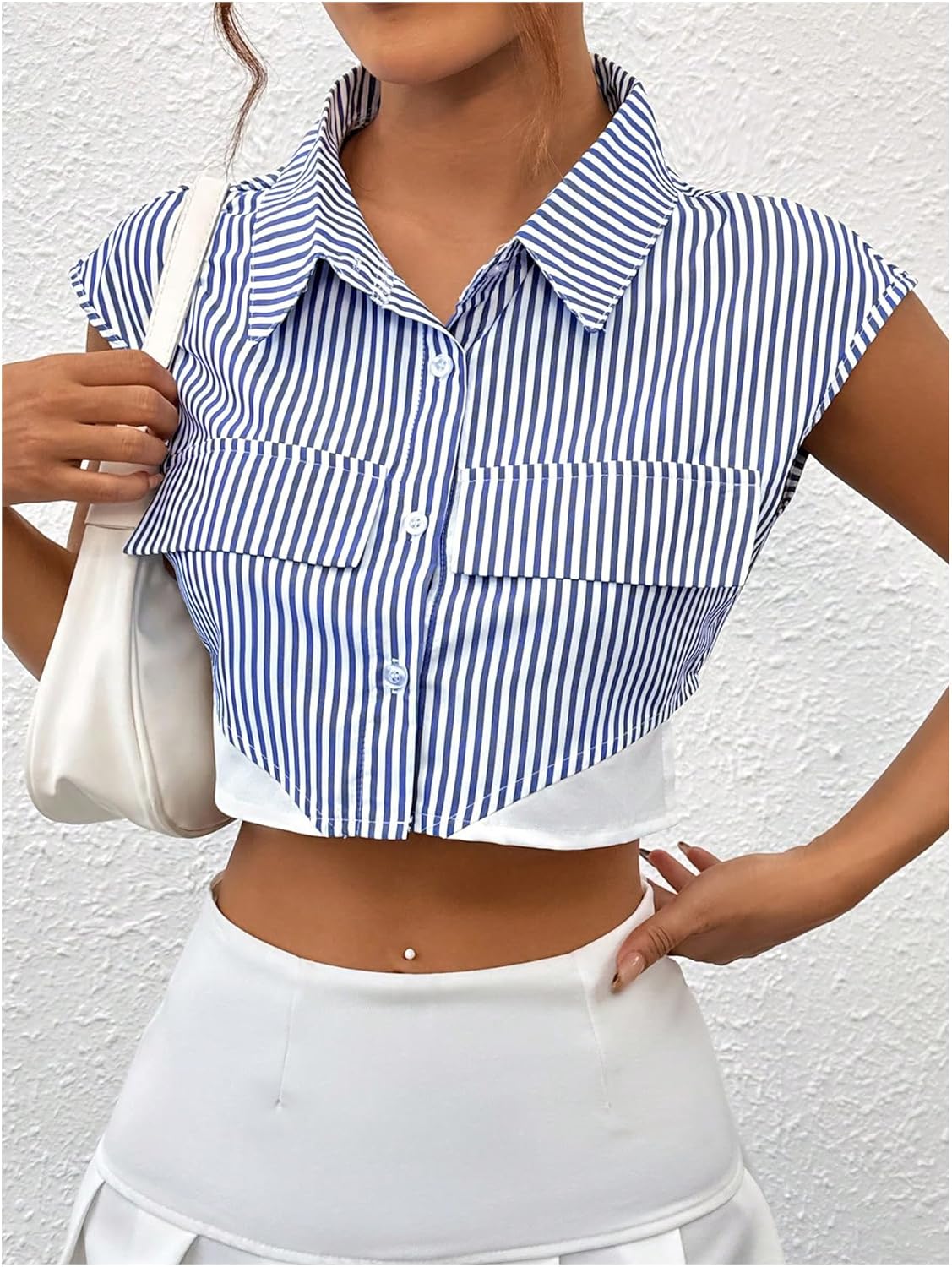 SweatyRocks Women's Striped Print Button Up Blouse Cap Sleeve Collar V Neck Cropped Shirt Top with Pockets - Image 5