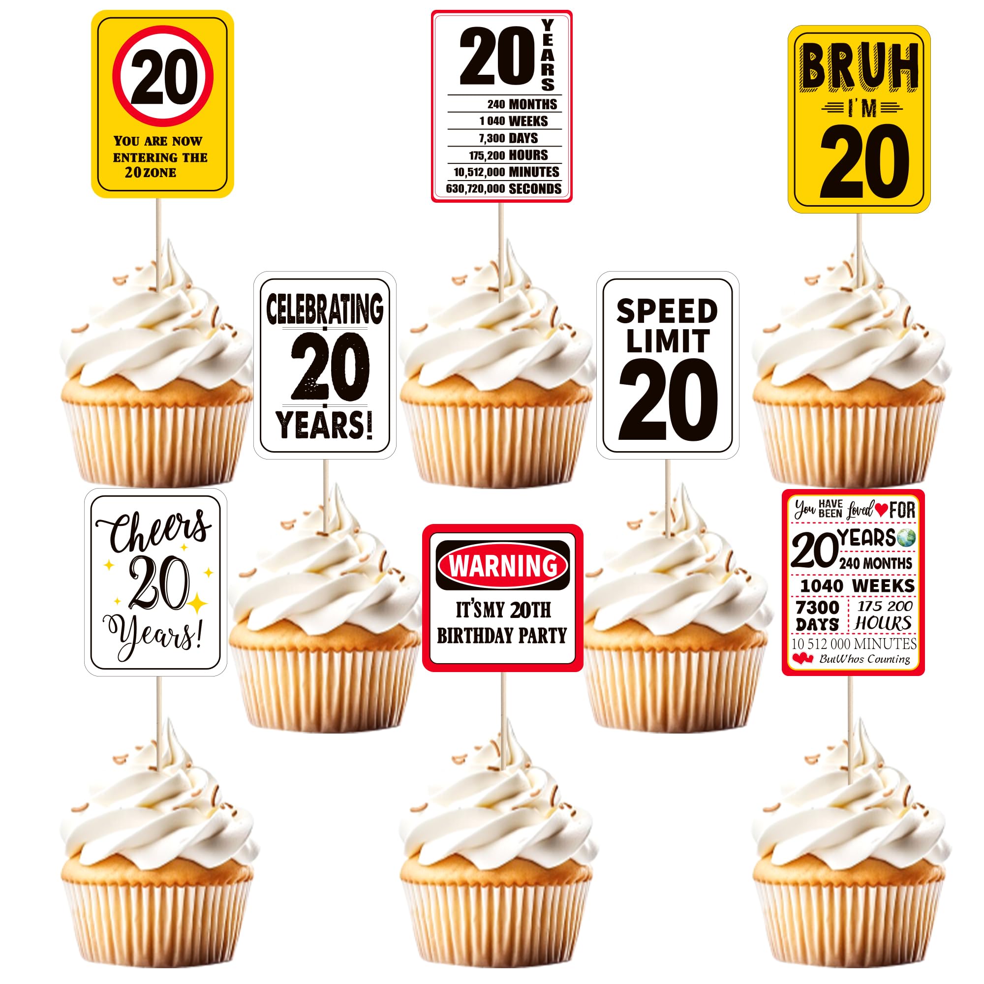 20th Birthday Cupcake Toppers Cheers to 20 Years Out Single Digits Cupcake Picks Bruh I'm 20 Speed Limit 20 It's My 20th Cake Decorations for Boys Girls Kids Birthday Party Cake Supplies