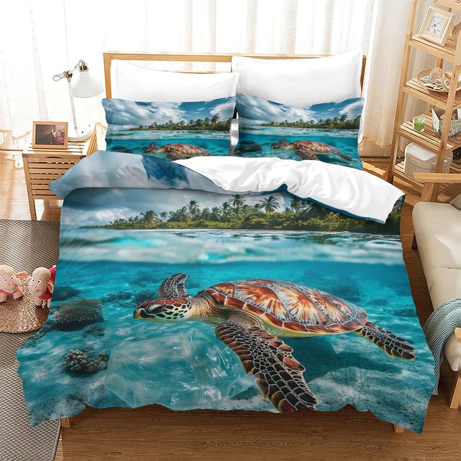 XiaopangXY Tortoise Luxe Bedding Set Hidden Zipper Turtles Duvet Cover Set with Pillowcases Quilt Cover SetSoft Microfiber Comforter Cover for Kids Adults Double（200x200cm）