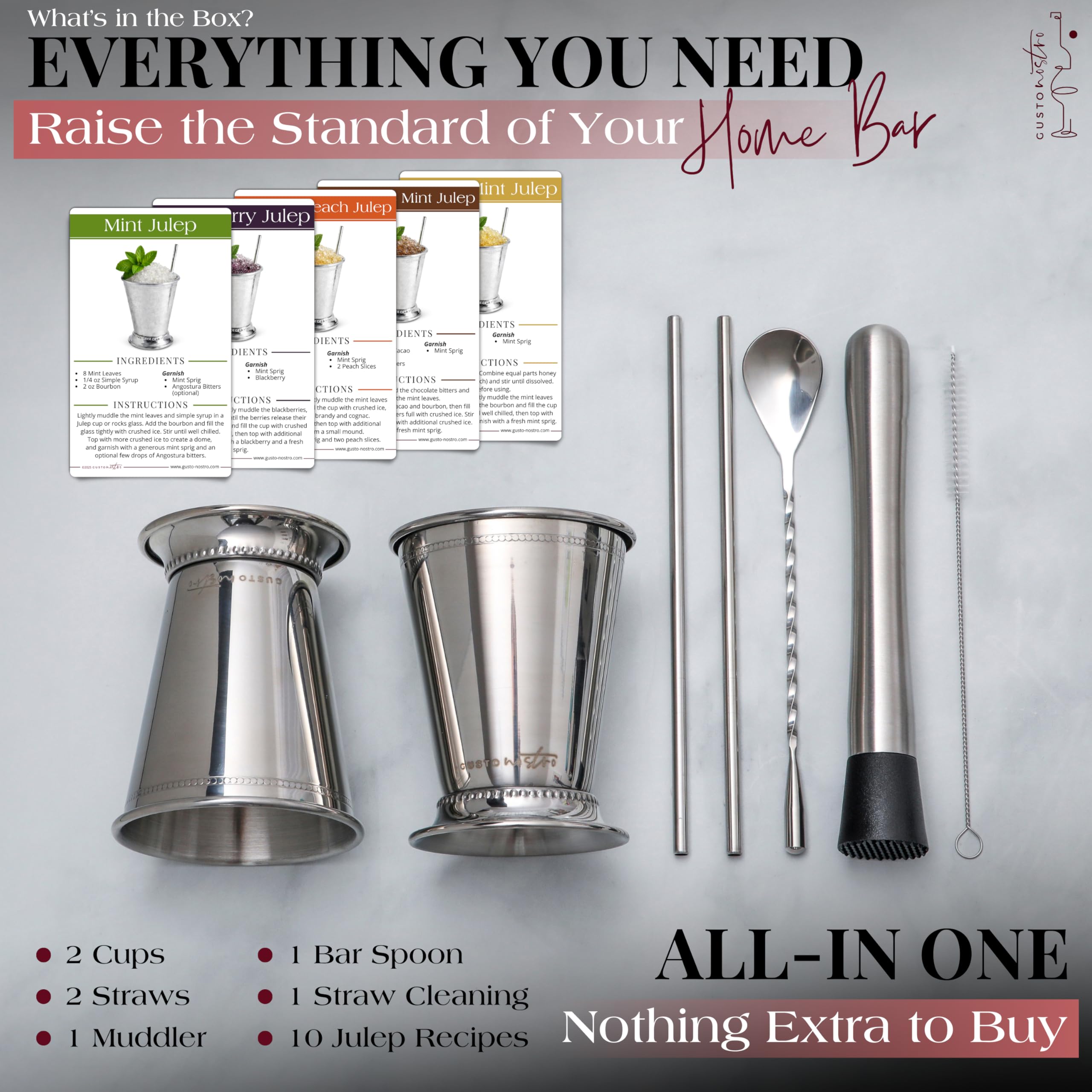 The Gusto Nostro Mint Julep Cups Set includes two stainless steel cups, straws, a muddler, spoon, and recipe cards for a complete home bar experience.