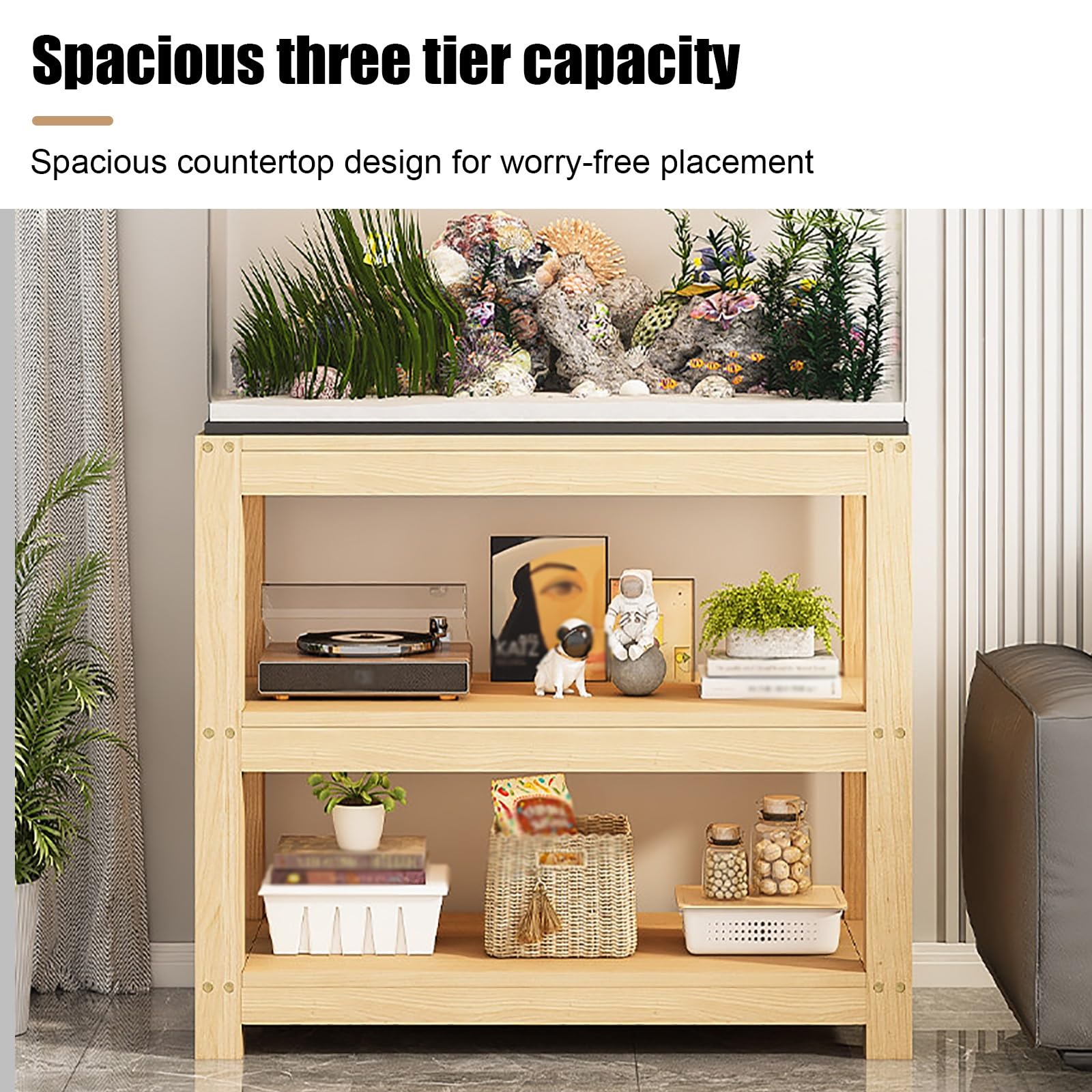 Supporto Acquario, Acquario con Mobile, Supporto per Terrario | Scaffale a 3 Ripiani in Legno di Pino Massello, Portata 250 kg, Pratico Design a Giorno(40x30x70cm/16x12x28in)