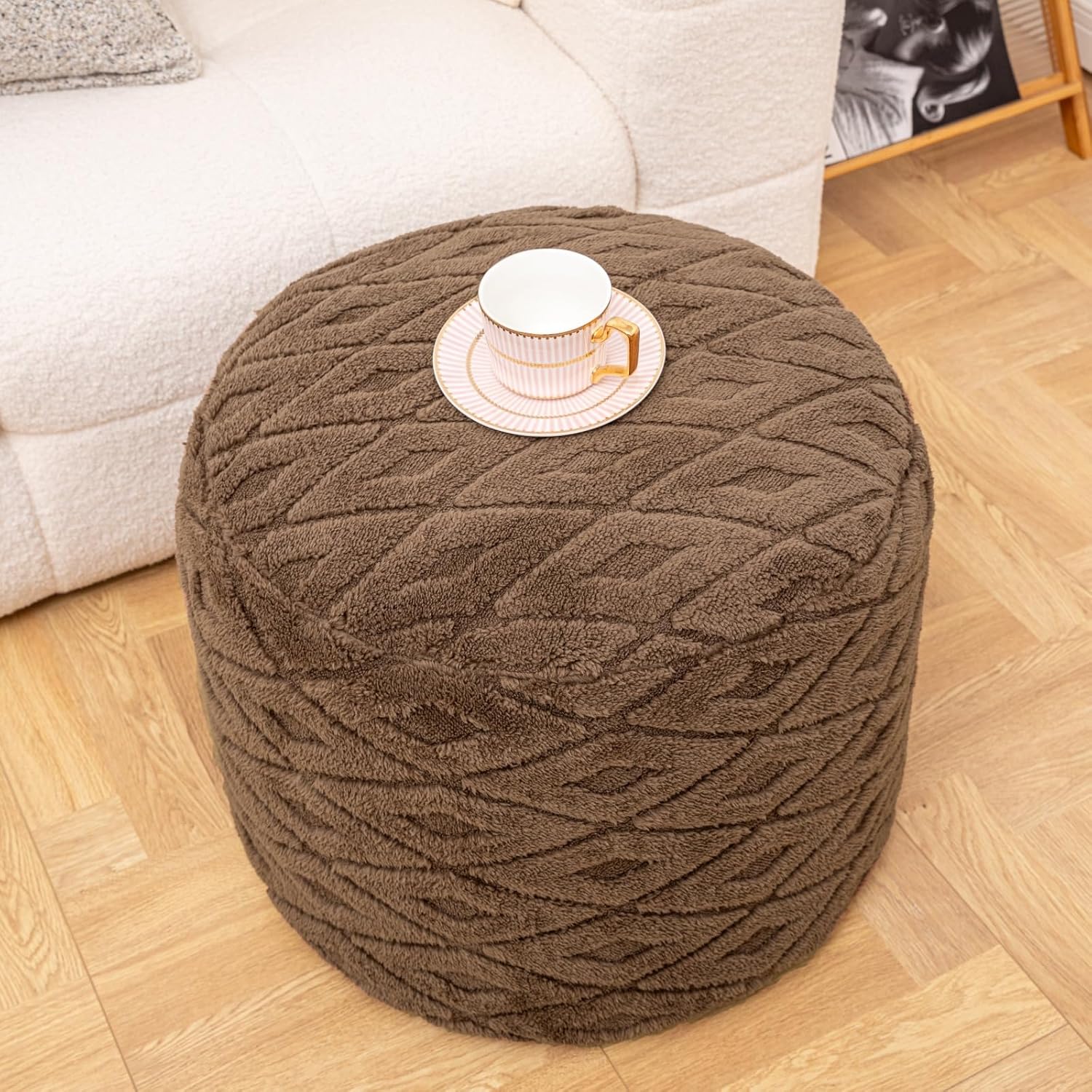 Unstuffed Pouf Cover – No Filler Storage Ottoman, Multi-Functional Footrest & Floor Chair for Living Room, Bedroom, Balcony (Coffee, 26x26x18 Inches)