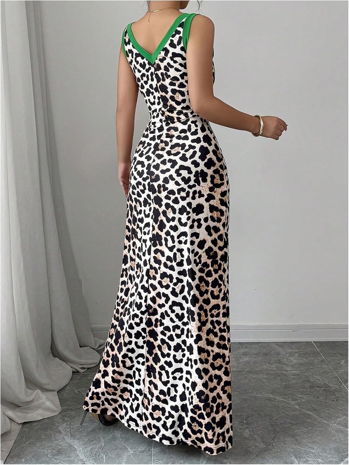 SOLY HUX Women's Leopard Maxi Dress Cheetah Print V Neck Sleeveless Split Bodycon Long Dresses - Image 2