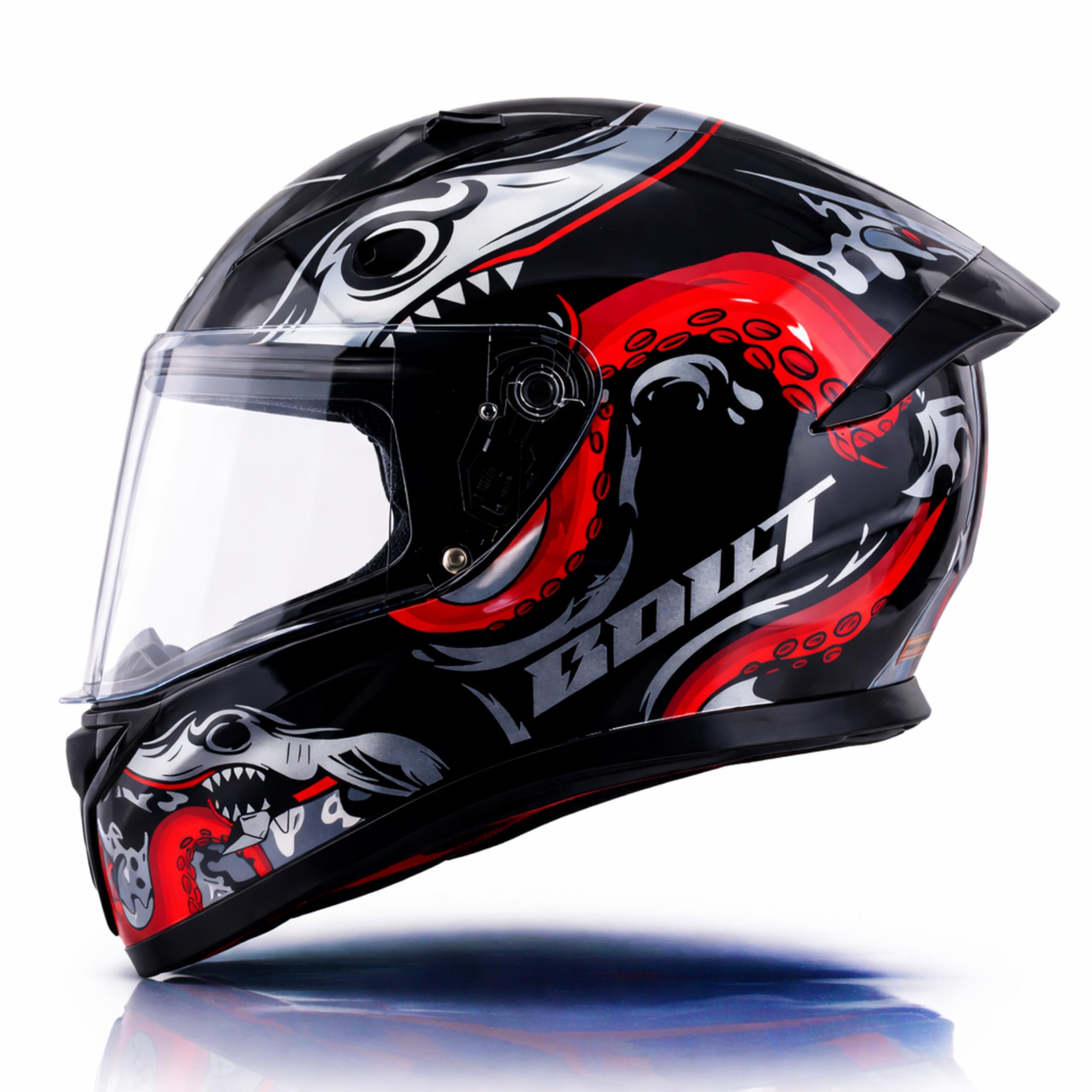 Vega Bolt Octopus ISI and DOT Certified Glossy Finish Full Face Helmet for Men with Clear Visor- Black Red, Size: L(59-60 cm)-image-21