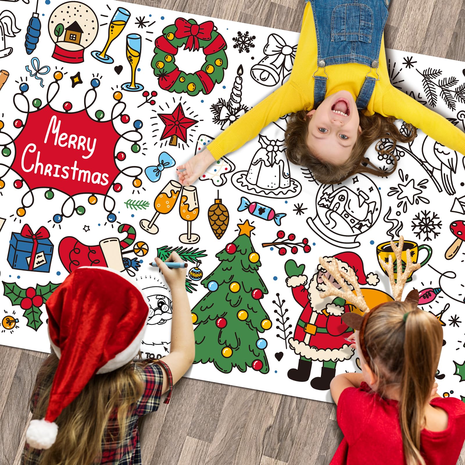 Christmas Large Coloring Table Cloth for Kids Merry Christmas Coloring Xmas Poster Pages Snowman Claus Santa Paper for Classroom Home School Party 71 * 23.6 in